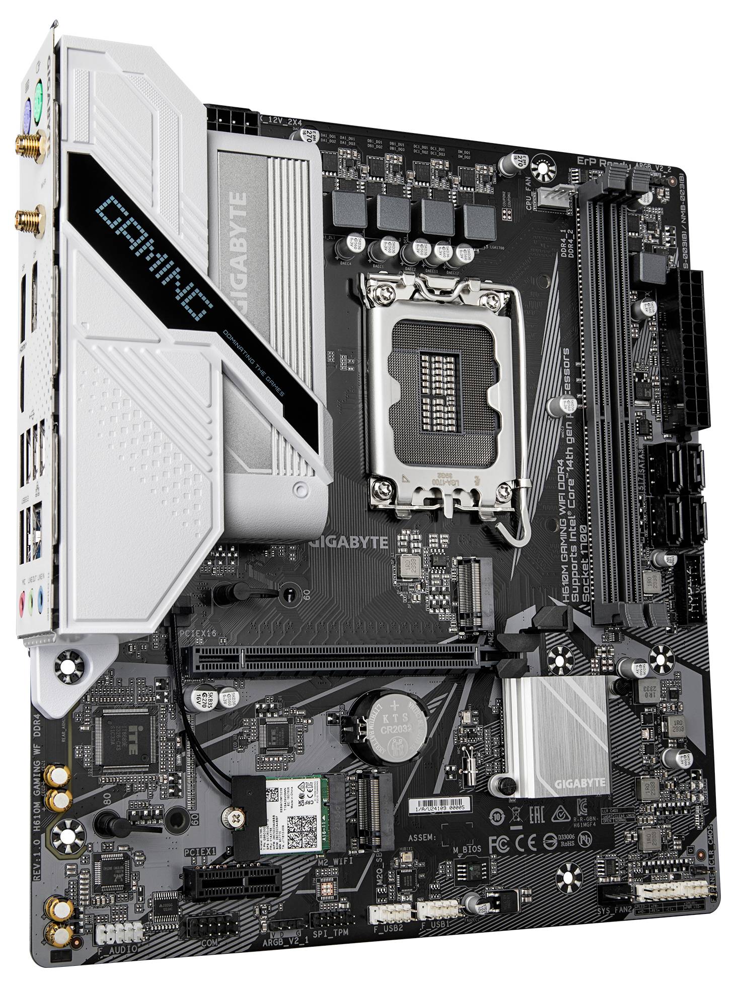 Płyta główna z szarym radiatorem i logo GIGABYTE. Posiada sloty PCIe oraz liczne możliwości podłączenia.