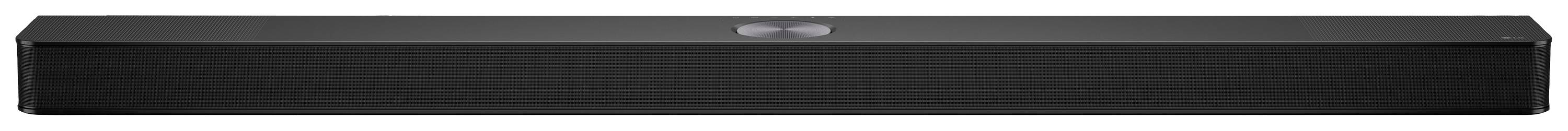 Czarna soundbar o prostokątnym kształcie z centralnym panelem sterowania na górnej powierzchni, bez widocznych głośników.