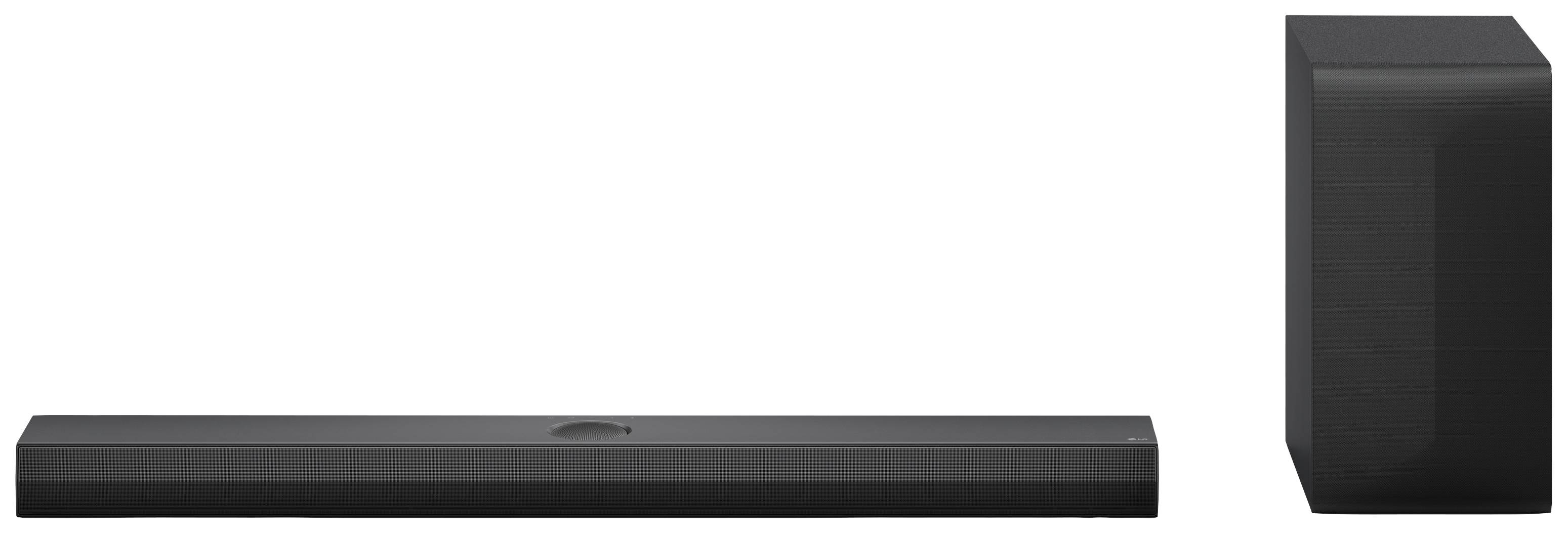 Czarna soundbar z towarzyszącym jej subwooferem. Oba urządzenia są minimalistyczne i nowoczesne, ustawione obok siebie na powierzchni.