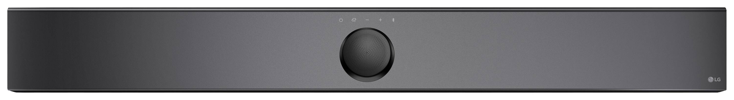 Czarna soundbar z centralnym regulatorem głośności i trzema przyciskami sterującymi. Elegancki design, idealny do systemów kina domowego.