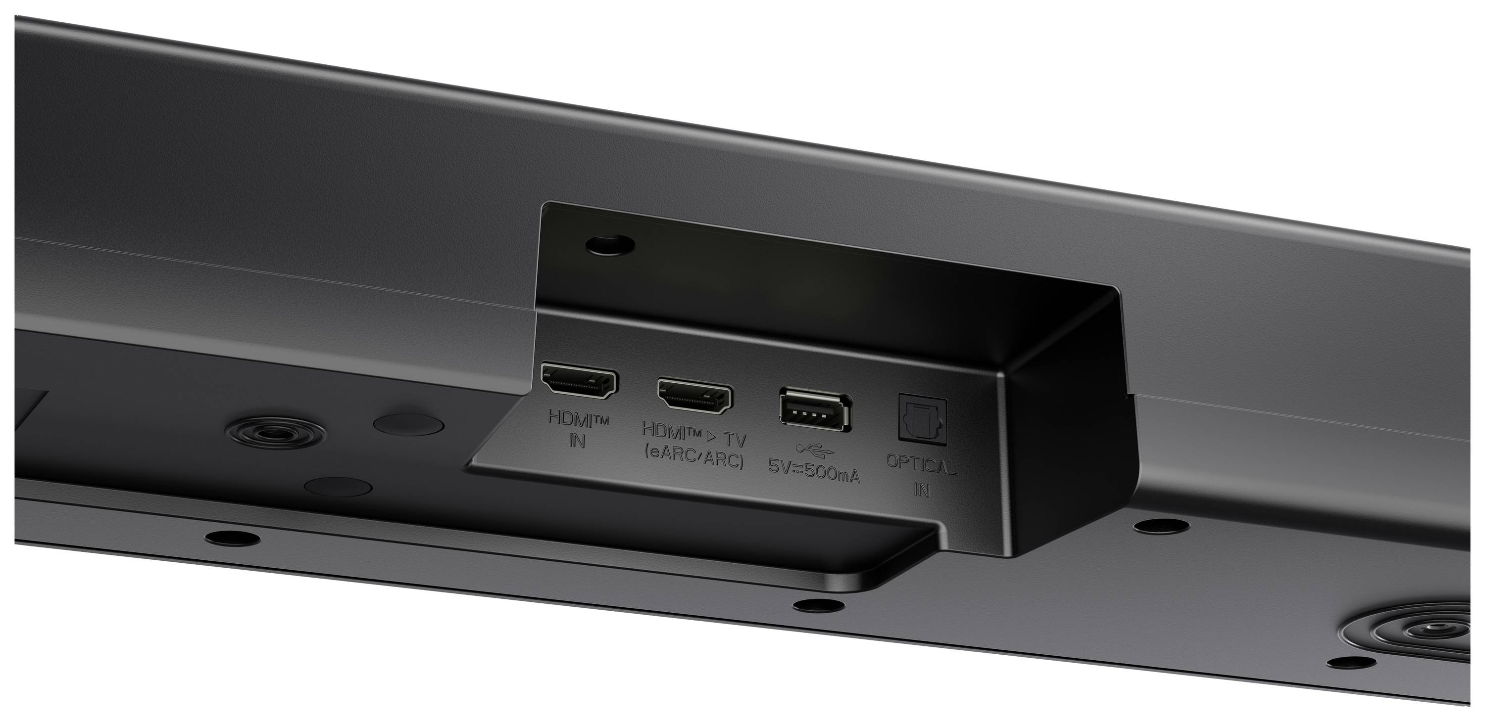 Widok z tyłu urządzenia z portami HDMI, eARC i USB umieszczonymi we wpuście.