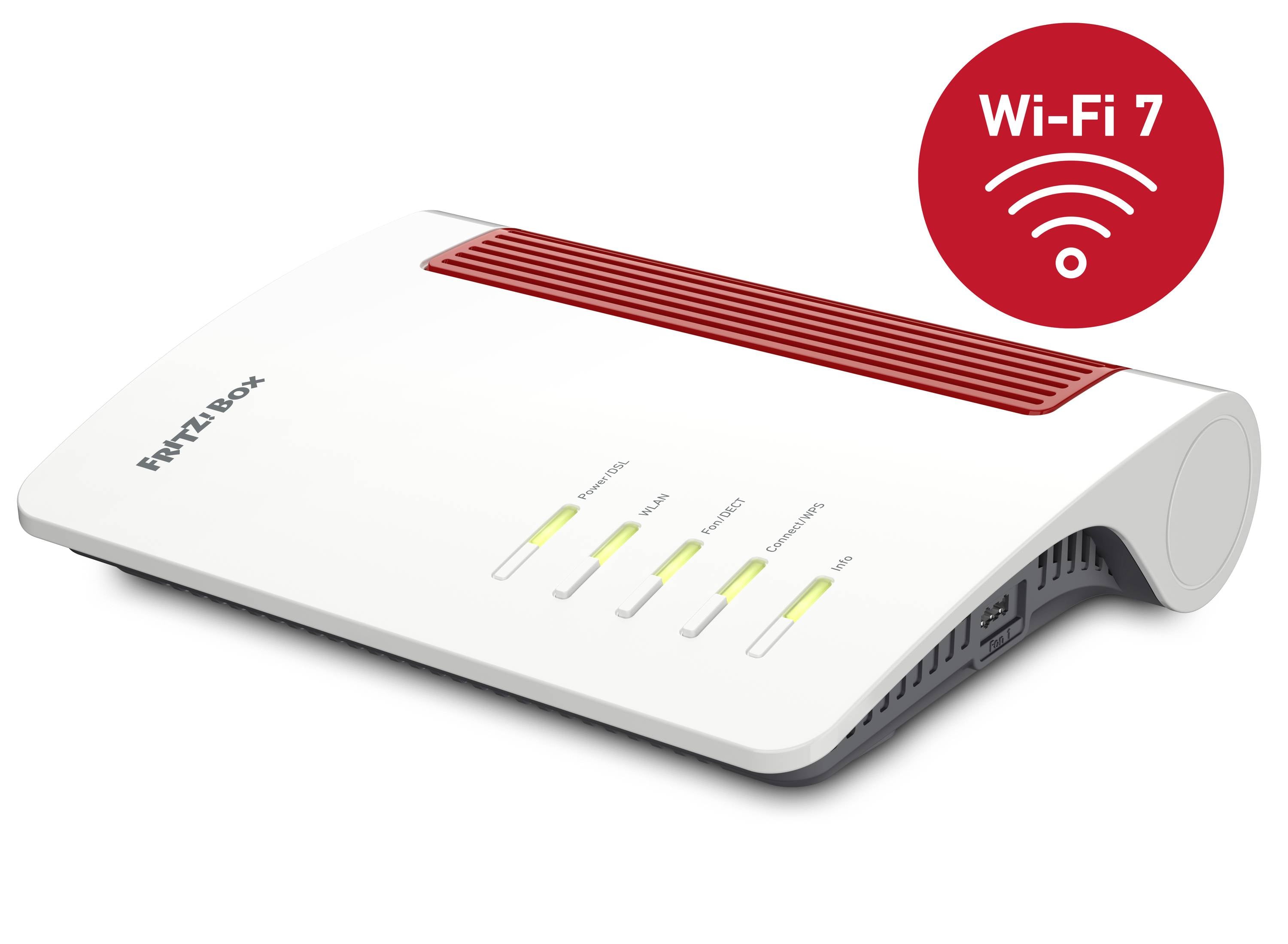 Router FritzBox z czerwoną kratką wentylacyjną i świecącymi diodami statusowymi. Obok symbol 'Wi-Fi 7' sygnalizujący bezprzewodową łączność.