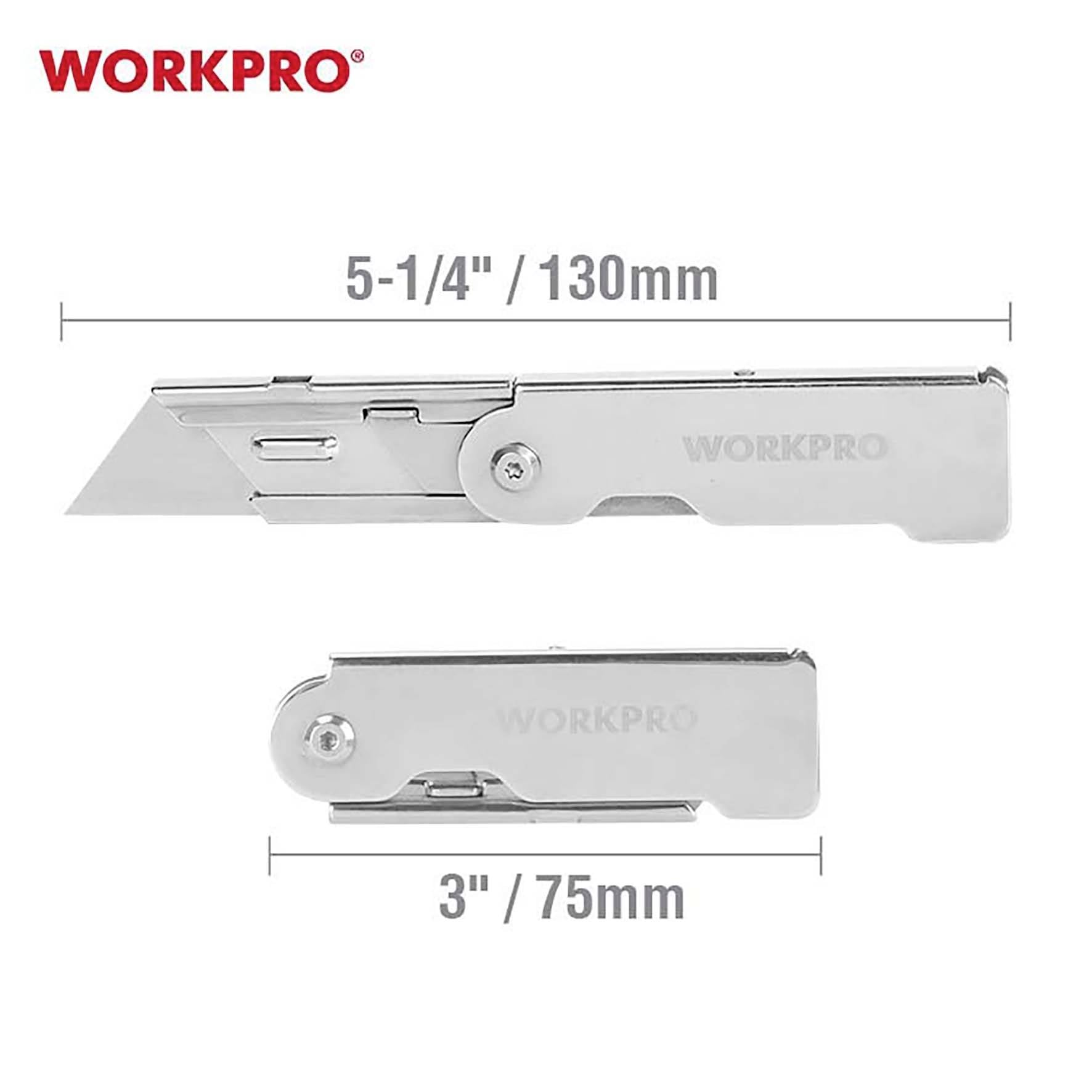 Scyzoryk WORKPRO z dwoma ostrzami: duże ostrze 5-1/4" (130 mm), małe ostrze 3" (75 mm).