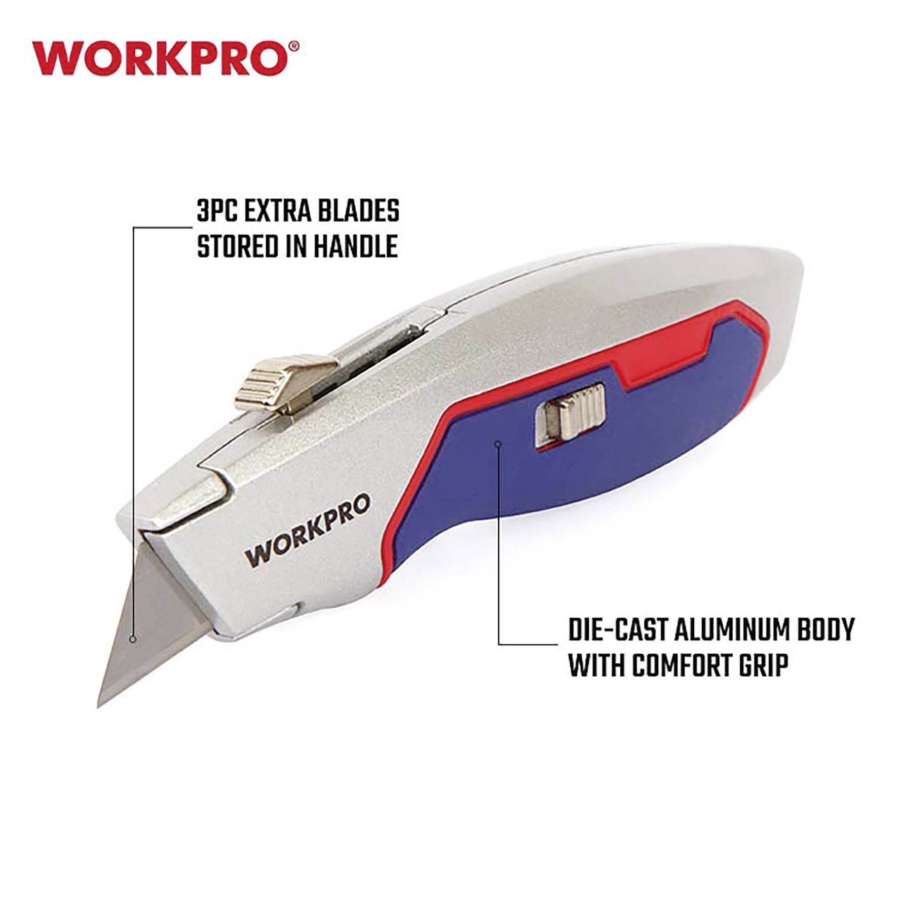 Nóż składany WORKPRO z wysuwanym ostrzem. Trzy zapasowe ostrza przechowywane w rękojeści. Obudowa wykonana z aluminium z ergonomicznym uchwytem.
