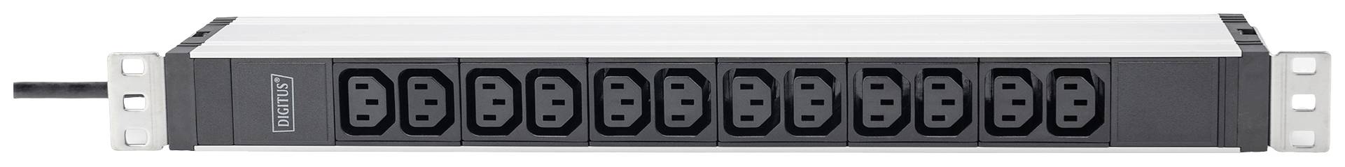 Pozioma listwa zasilająca z dwunastoma gniazdami i kablem przyłączeniowym, przeznaczona do stosowania w szafach serwerowych.