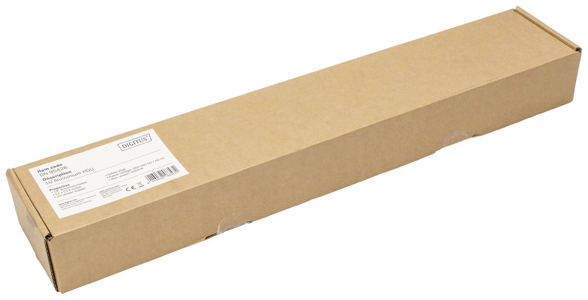 Długi, prostokątny, brązowy karton z białą etykietą po lewej stronie.