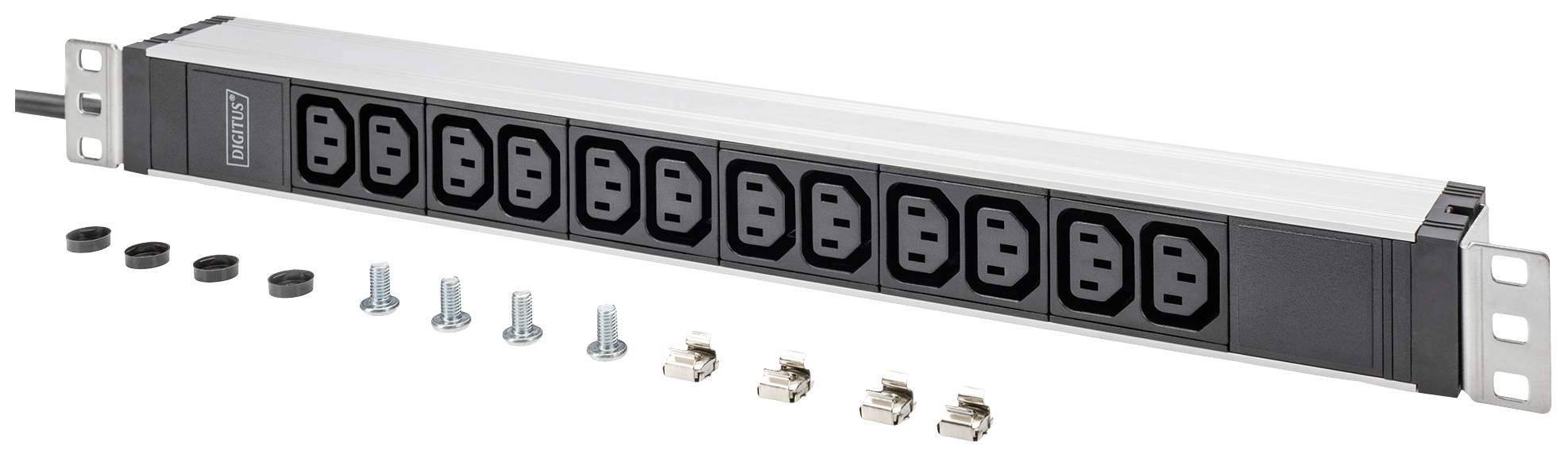Listwa zasilająca z 10 gniazdkami, odpowiednia do montażu w szafie serwerowej. Zawiera elementy mocujące i osłony.