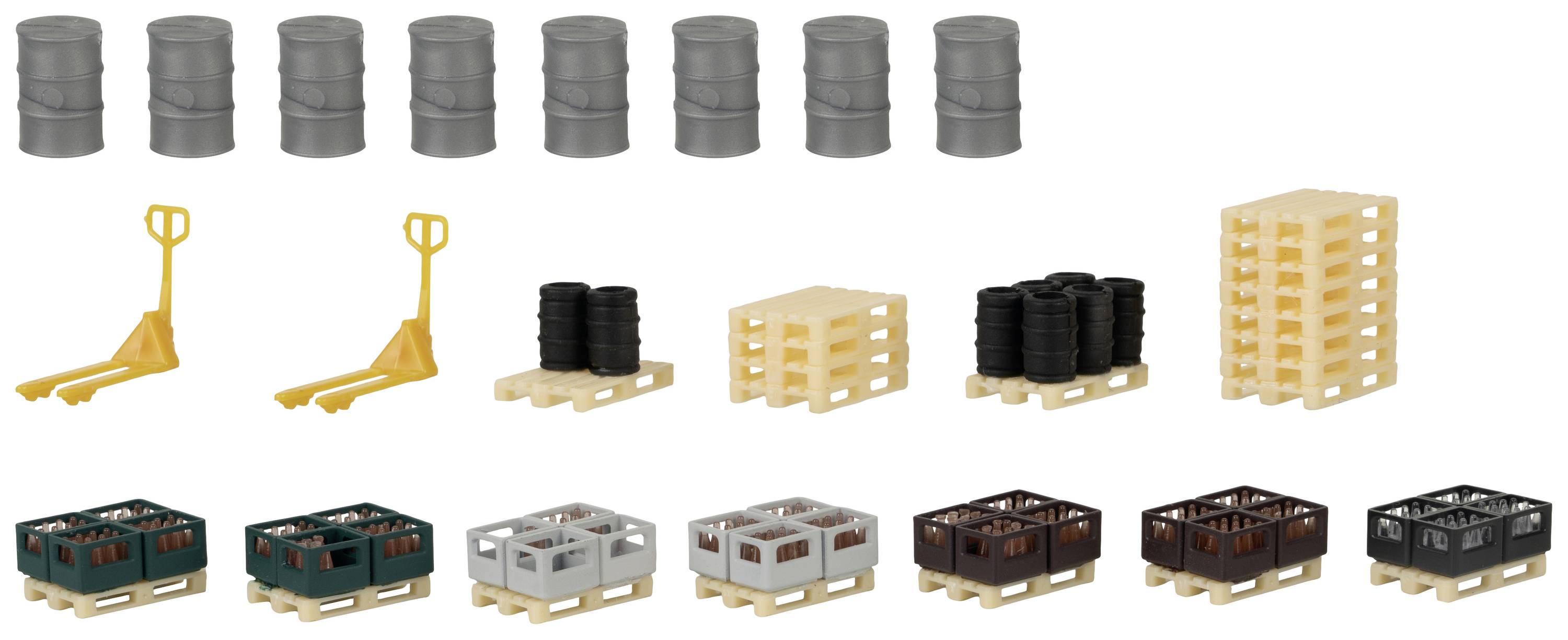 Układ akcesoriów modelarskich do załadunku, w tym szarych beczek, żółtego wózka widłowego, drewnianych palet i skrzyń na napoje.