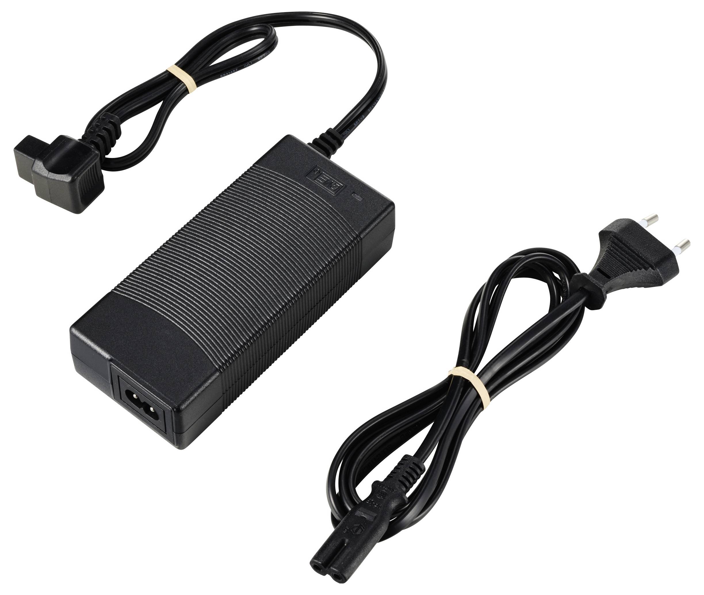 Prostokątny, czarny zasilacz z podłączonym przewodem i osobnym przewodem zasilającym z wtyczką, na białym tle.