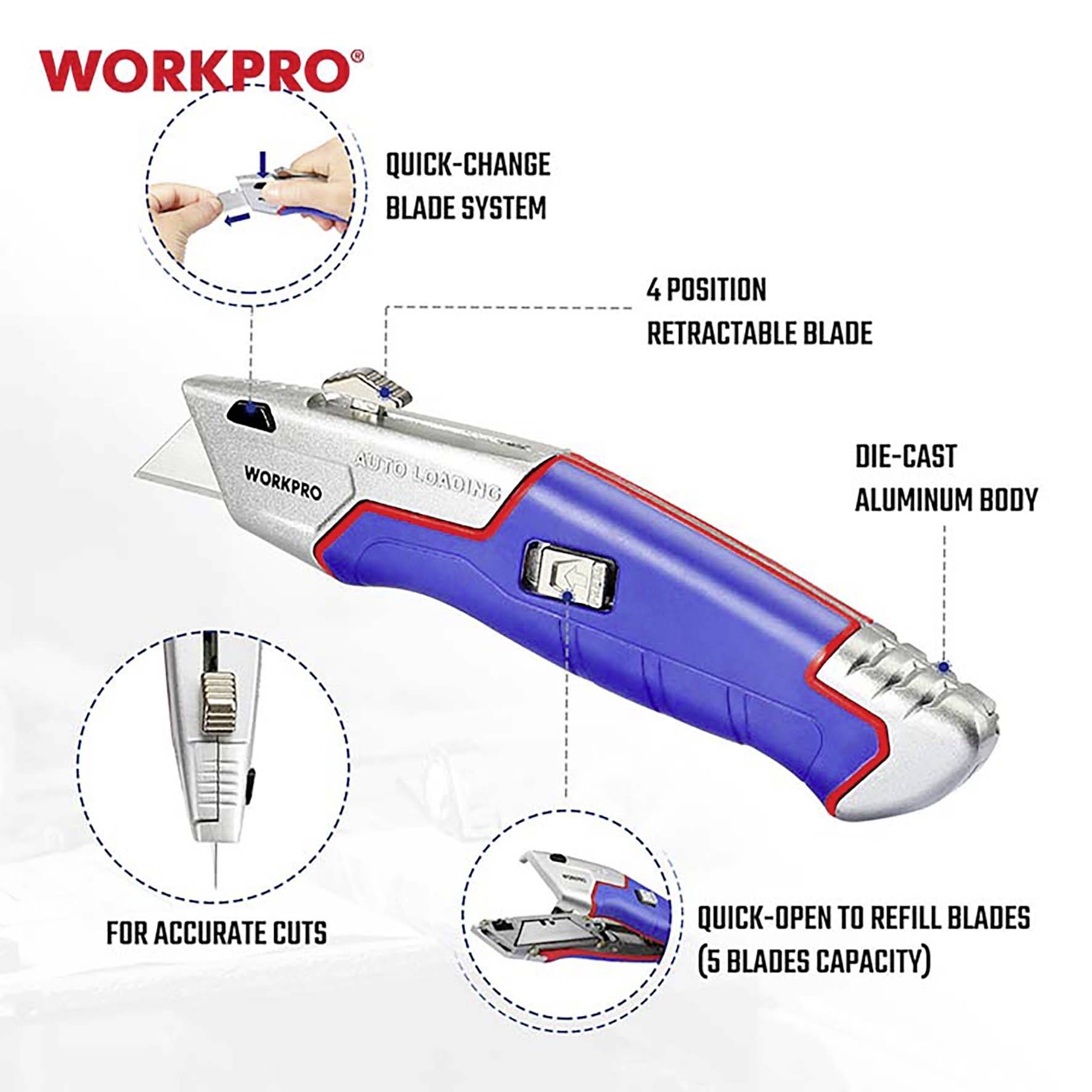 Висувний універсальний ніж WorkPro із самозарядним механізмом WorkPro WP213012 1 шт.