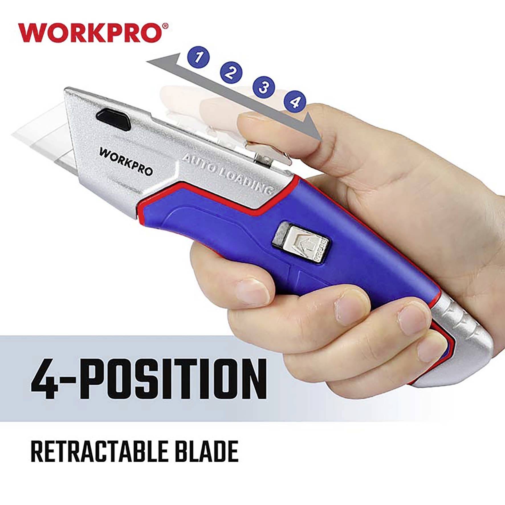 Jedna ręka trzyma nóż do dywanów 'WORKPRO' z automatycznym podajnikiem i chowanym ostrzem w czterech pozycjach.