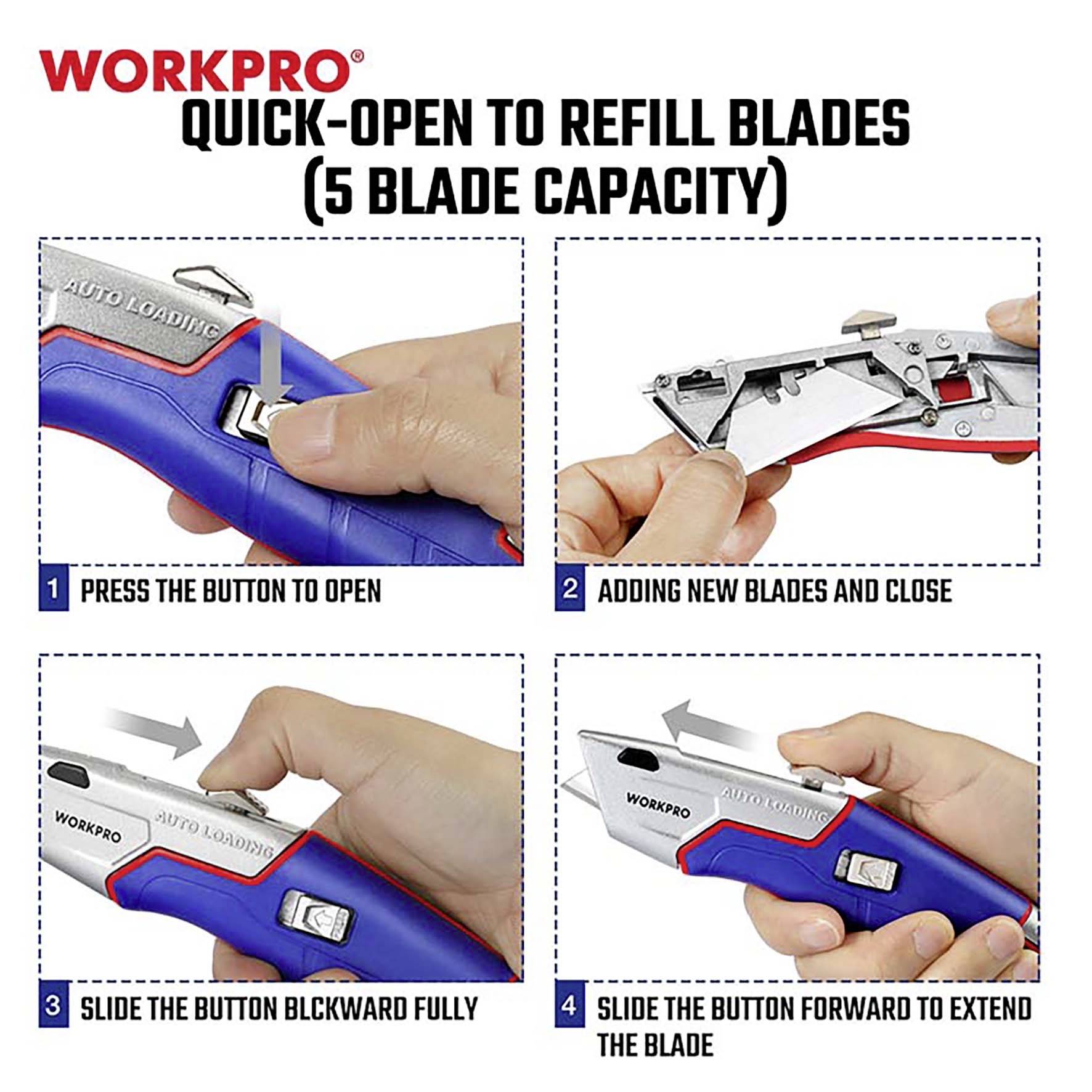 Instrukcja obsługi: Uniwersalny nóż 'WORKPRO'. Krok 1: Naciśnij przycisk. Krok 2: Włóż ostrze. Krok 3: Przesuń. Krok 4: Wysuń ostrze.