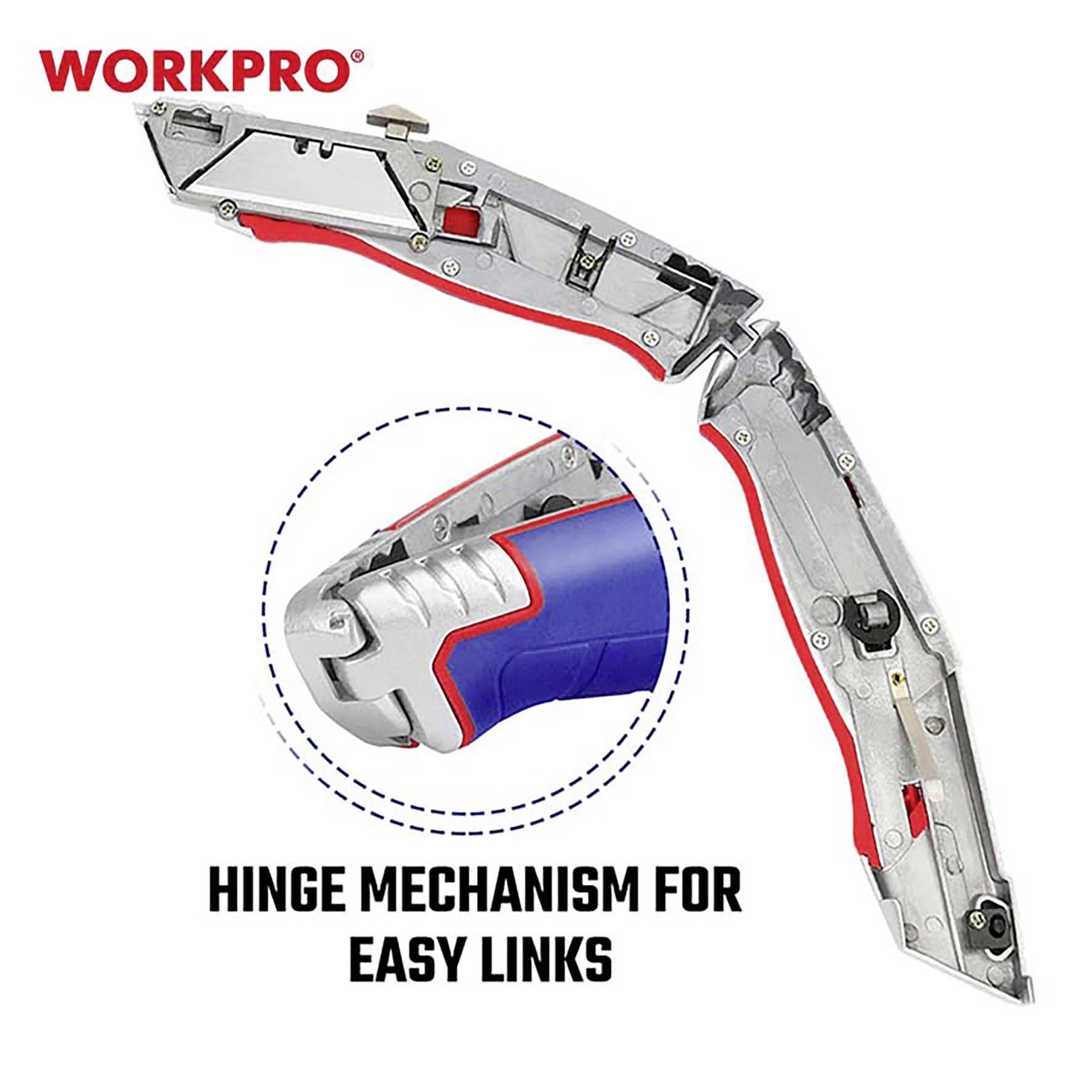 Składany nóż firmy Workpro z mechanizmem przegubowym, który umożliwia łatwe składanie. Czerwony i niebieski uchwyt podkreśla design.