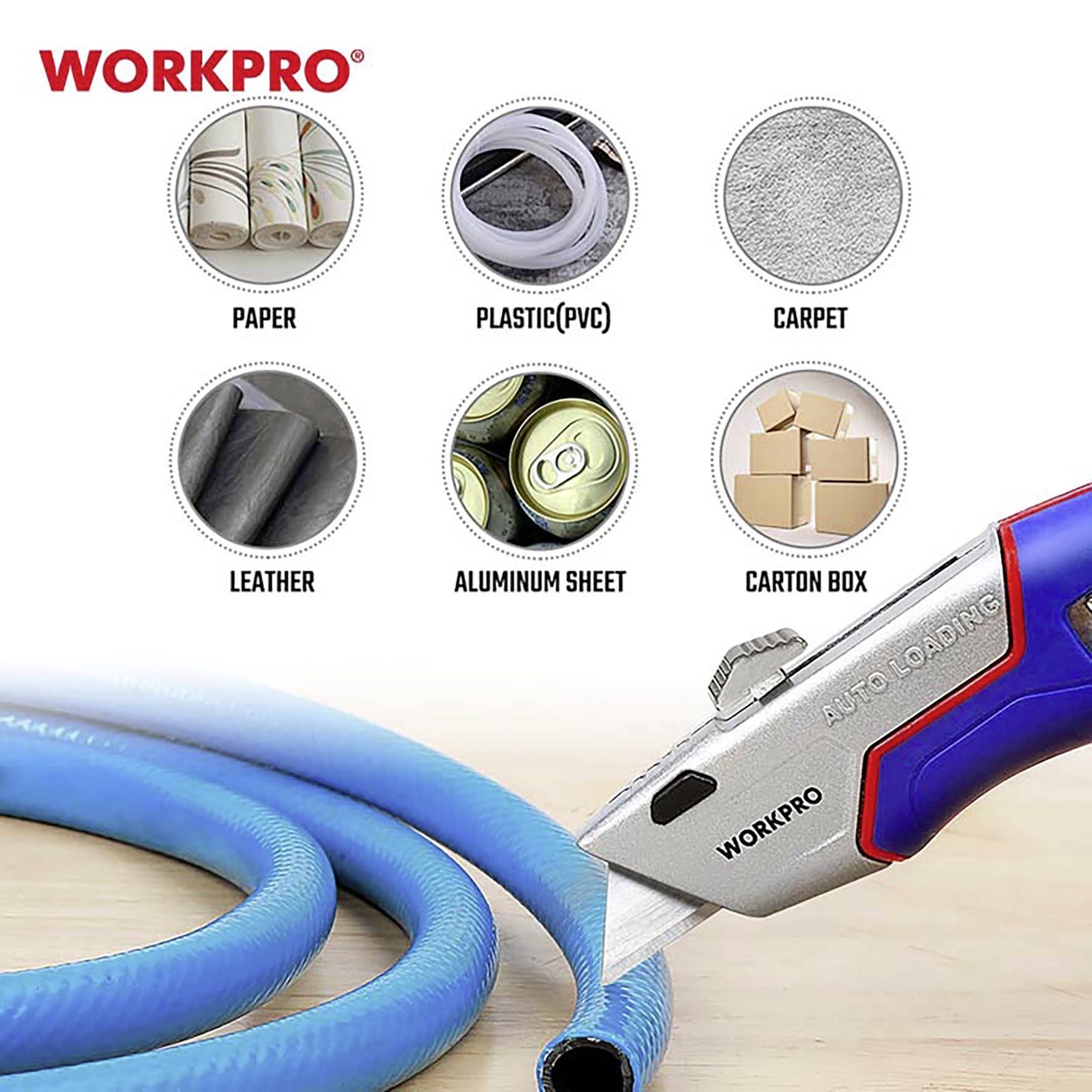 Uniwersalny nóż Workpro pozwala ciąć różne materiały, takie jak papier, PVC, dywan, skóra, aluminium i tektura.
