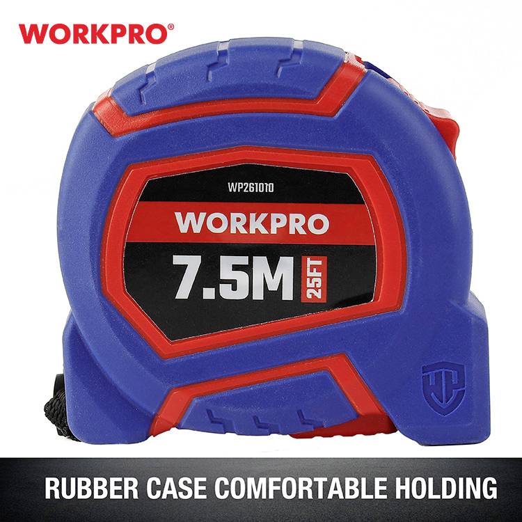 Miara zwijana WORKPRO 7,5M 25FT z gumowaną obudową dla wygodnego uchwytu.