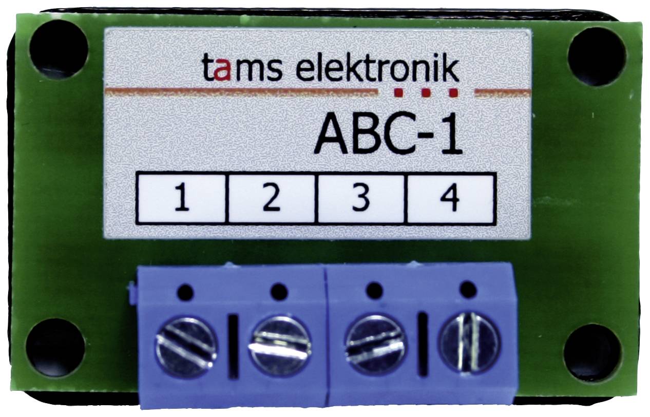 Moduł elektroniczny z napisem 'tams elektronik ABC-1'. Cztery ponumerowane złącza poniżej.