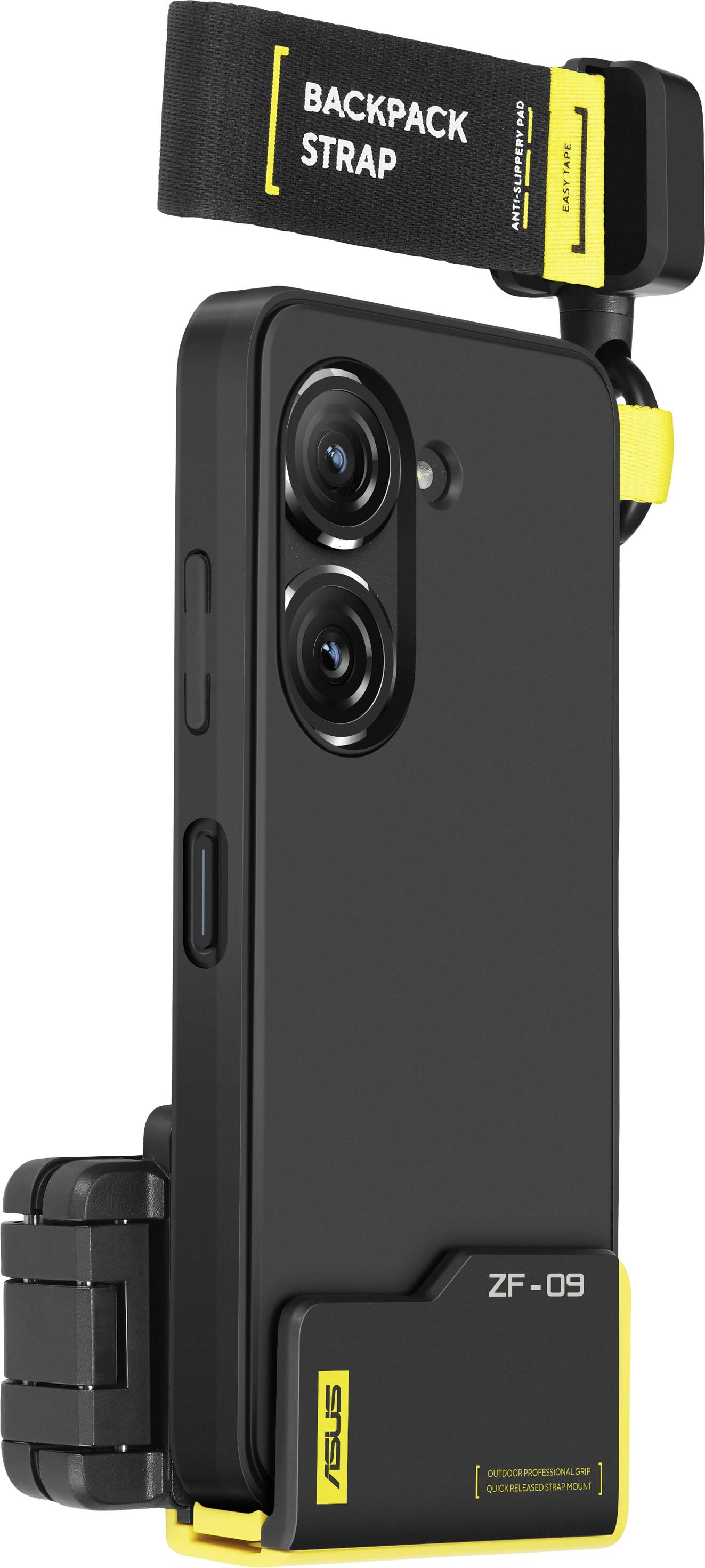 Czarny smartfon w etui z podwójnym obiektywem kamery, zamocowany na pasku plecaka.