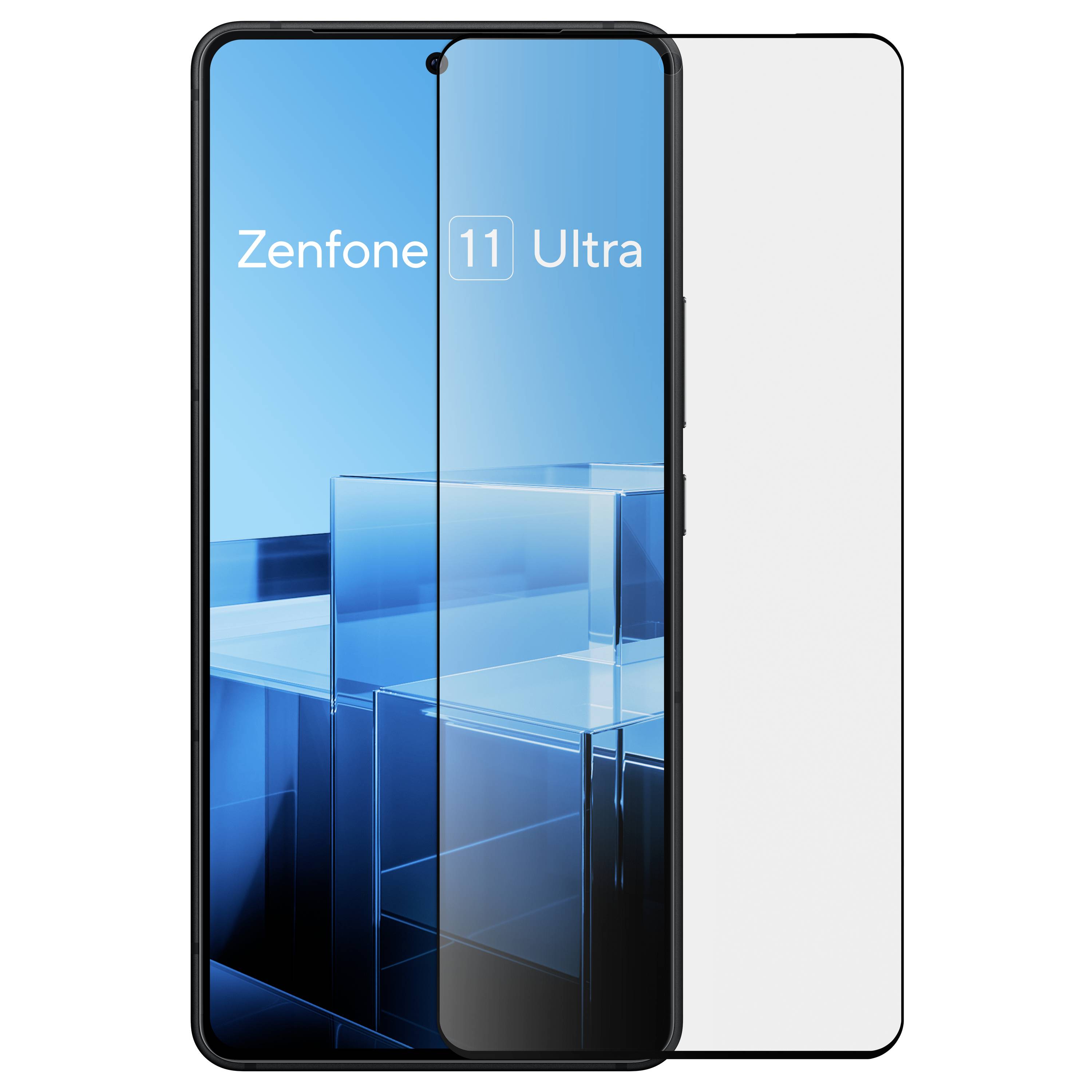 Smartfon z dużym ekranem. Na wyświetlaczu widnieje napis 'Zenfone 11 Ultra'. W tle widoczne są geometryczne niebieskie kształty.