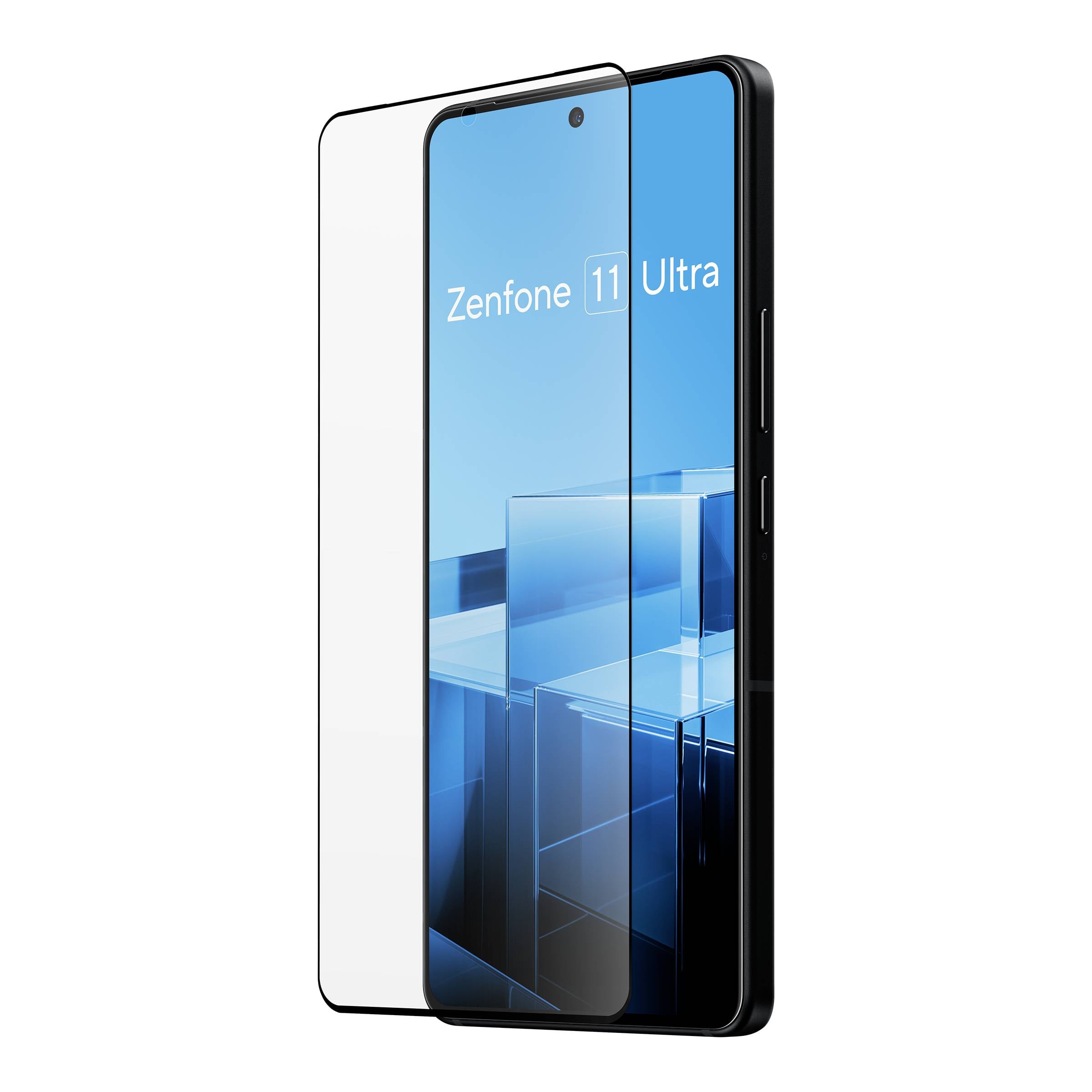 Smartfon z dużym wyświetlaczem i kanciastą stylistyką. Na ekranie widnieje napis 'Zenfone 11 Ultra'. Telefon jest zabezpieczony folią ochronną.