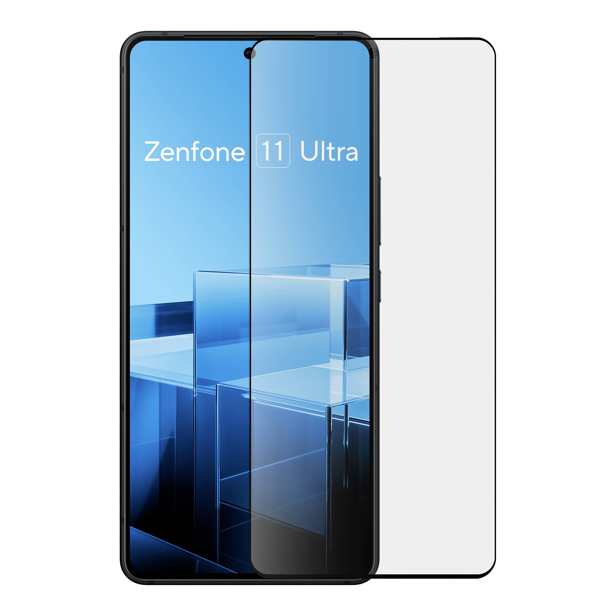 Smartfon z wyświetlaczem, na którym widnieje napis 'Zenfone 11 Ultra'; niebieskie, geometryczne tło projektu.