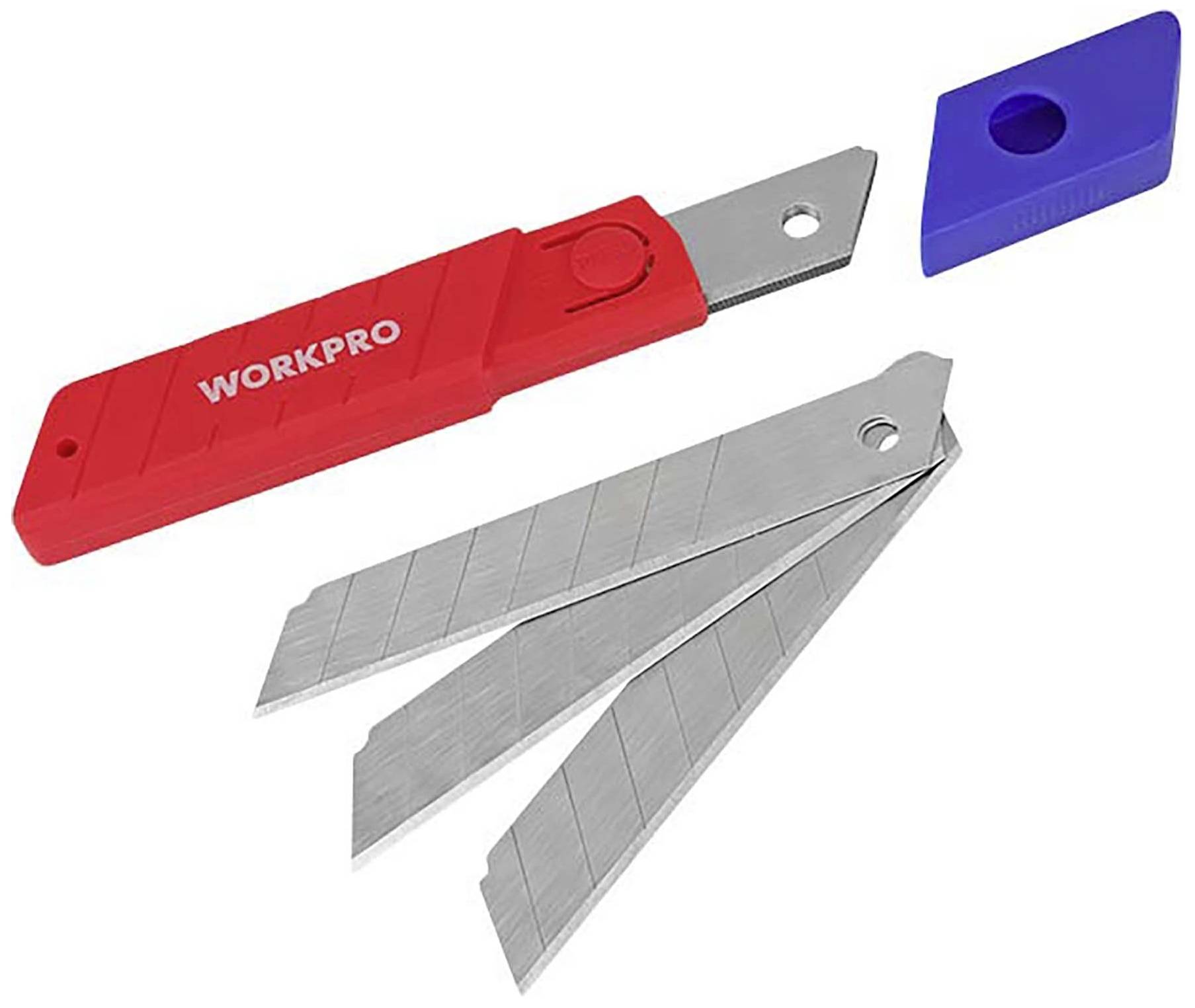 Czerwony nóż monterski Workpro z niebieskim kapturkiem ochronnym i trzema wymiennymi ostrzami.