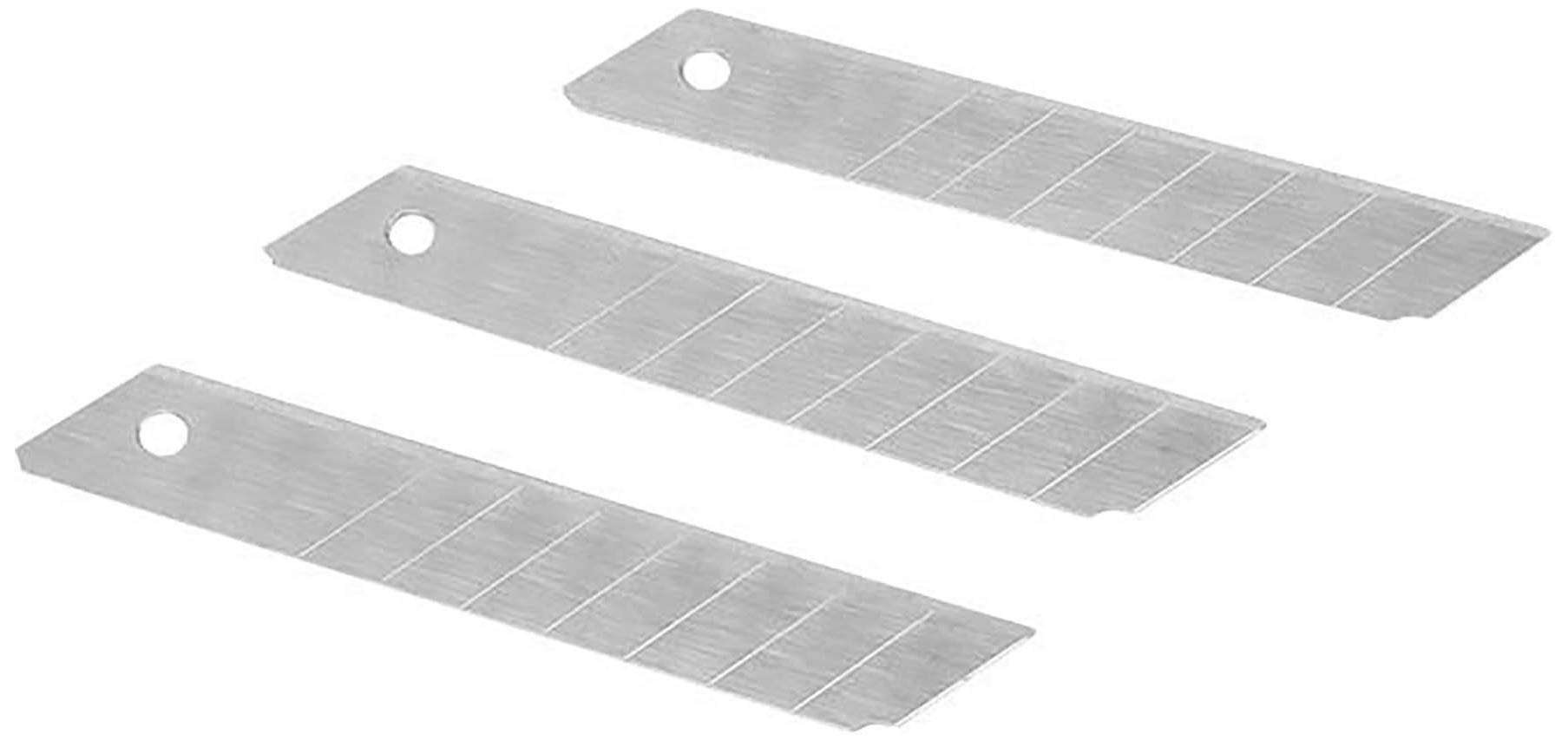 Trzy srebrne ostrza do złamania z otworami na jednym końcu, ułożone na białym tle.