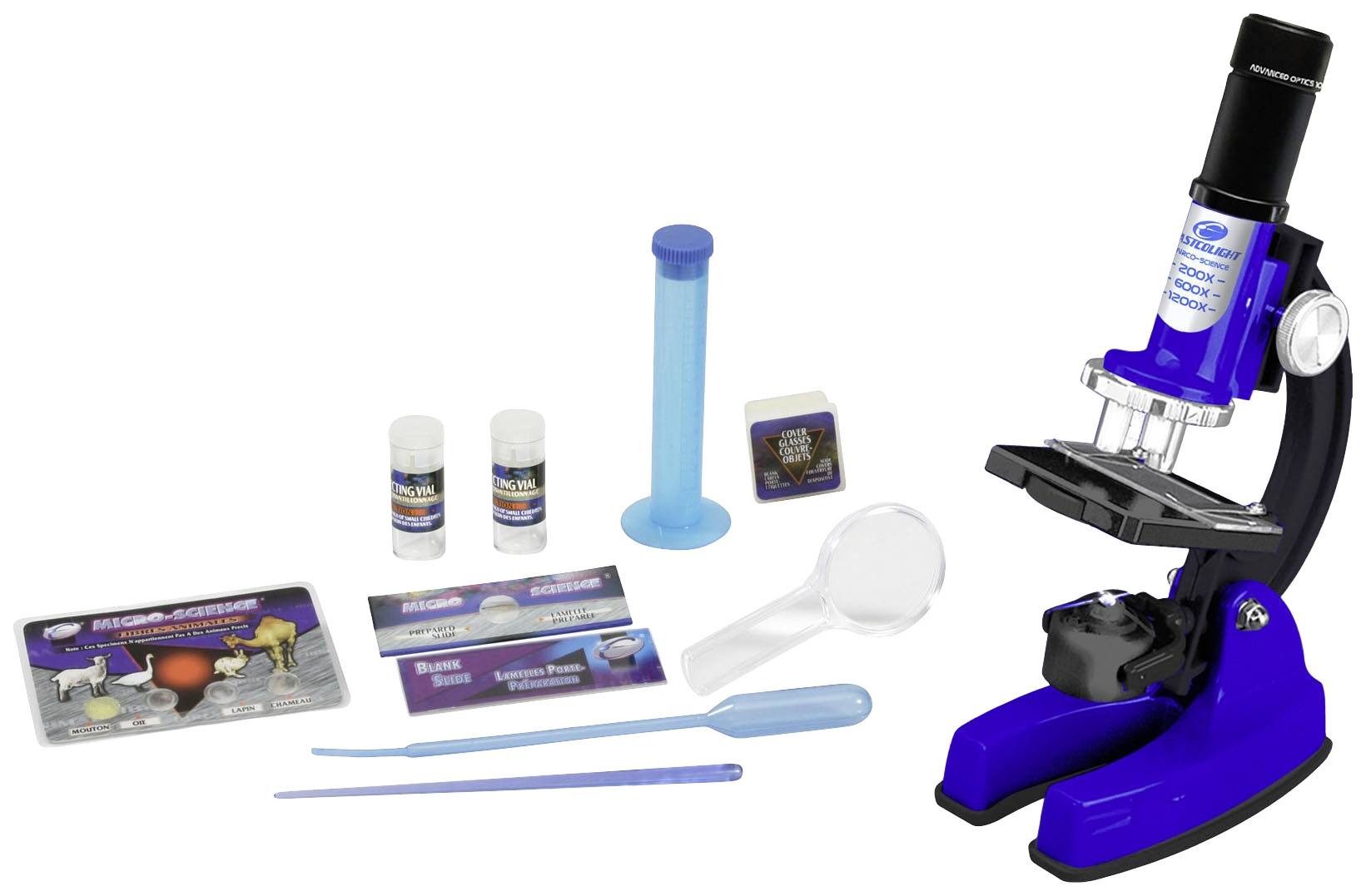 Zestaw mikroskopowy z niebieskim mikroskopem, pipetą, lupą, probówką i szkiełkami próbnymi; odpowiedni do badania próbek.