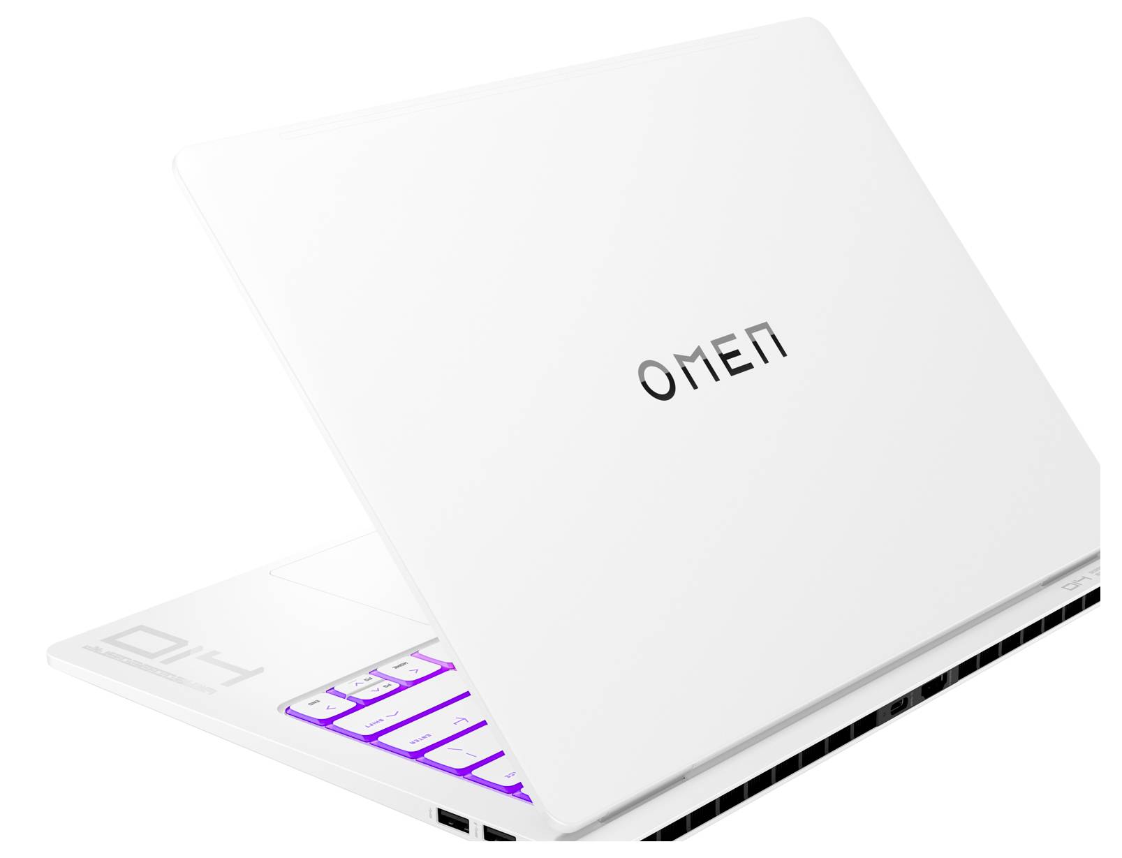 Biały laptop z otwartym ekranem, klawiatura z fioletowym podświetleniem w tle; logo marki 'OMEN' na obudowie.