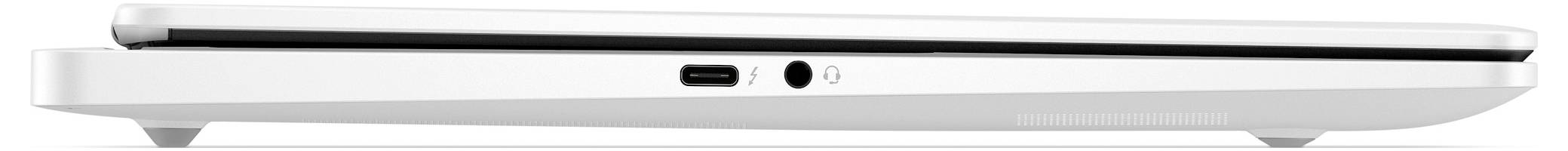 Biały, zamknięty laptop widziany z boku, ukazujący złącza USB i audio.