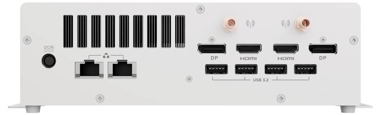 Tylna strona białego, prostokątnego urządzenia z portami przyłączeniowymi: dwa porty Ethernet, trzy porty HDMI, dwa porty DP oraz trzy porty USB 3.2.