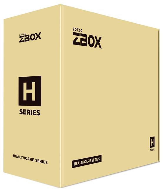 Pudełko kartonowe serii ZOTAC ZBOX H przeznaczone dla sektora zdrowotnego, prezentujące markę i kategorię produktu.