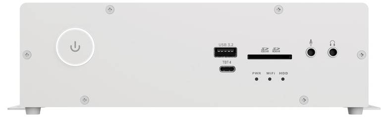 Białe urządzenie z dużym przełącznikiem sieciowym, portami USB, slotem na kartę pamięci oraz złączami audio 3,5 mm na przedniej ścianie.