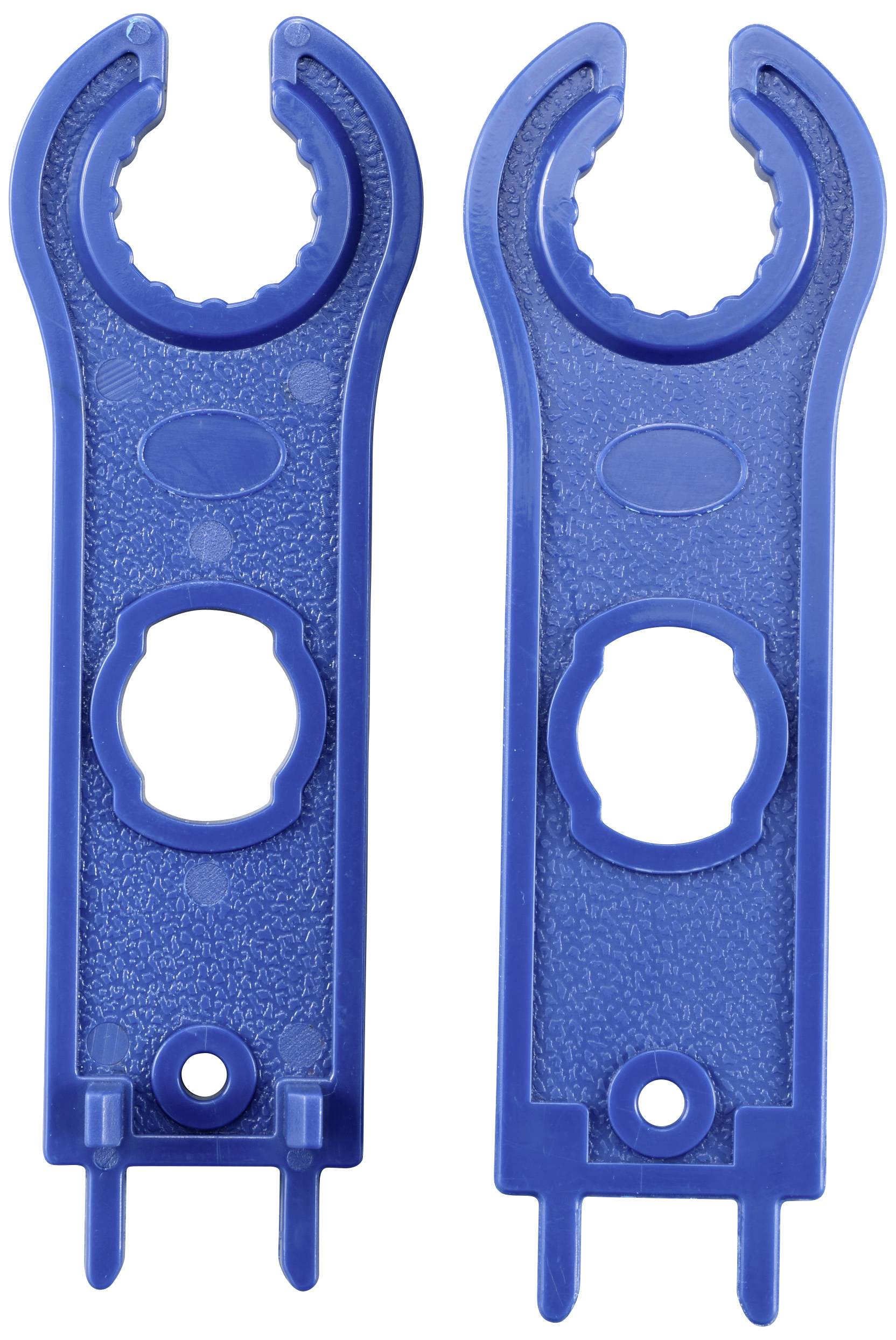 Dwa niebieskie plastikowe klucze, prawdopodobnie do odkręcania okrągłych zamków, ułożone obok siebie na białym tle.
