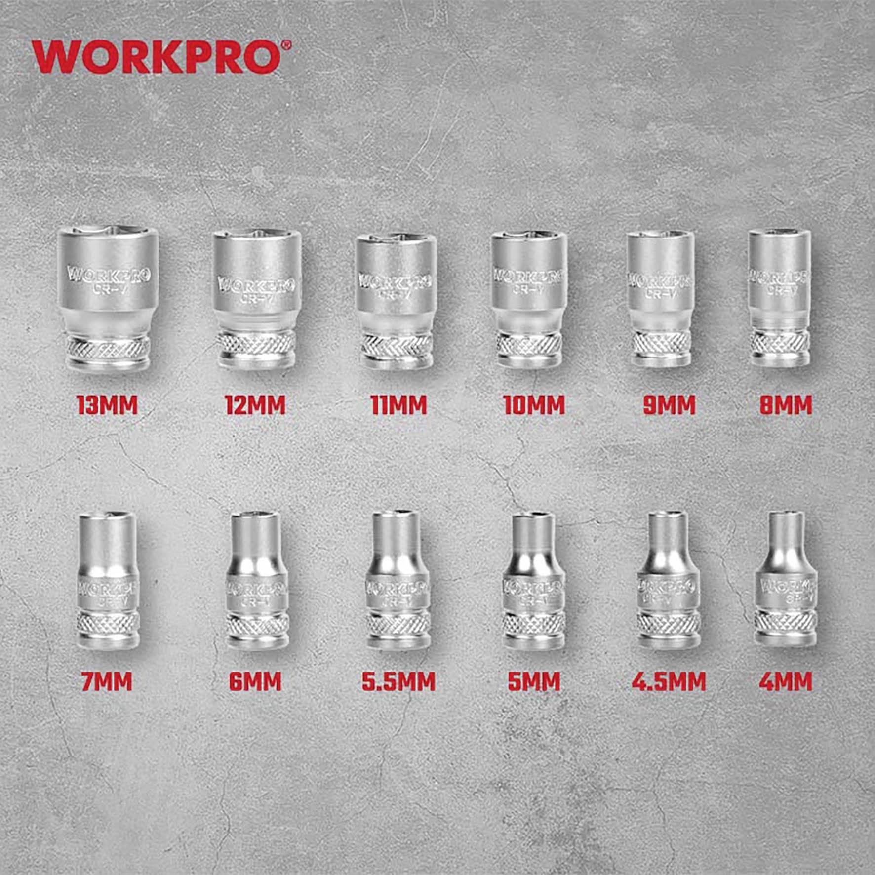 Dwanaście kluczy nasadowych w różnych rozmiarach od 4 mm do 13 mm ułożonych jest w dwóch rzędach. Na górze widoczne jest logo 'WORKPRO'.