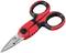 Czerwone i czarne nożyczki z ergonomicznymi uchwytami i oznaczoną klingą, umieszczone na białym tle.