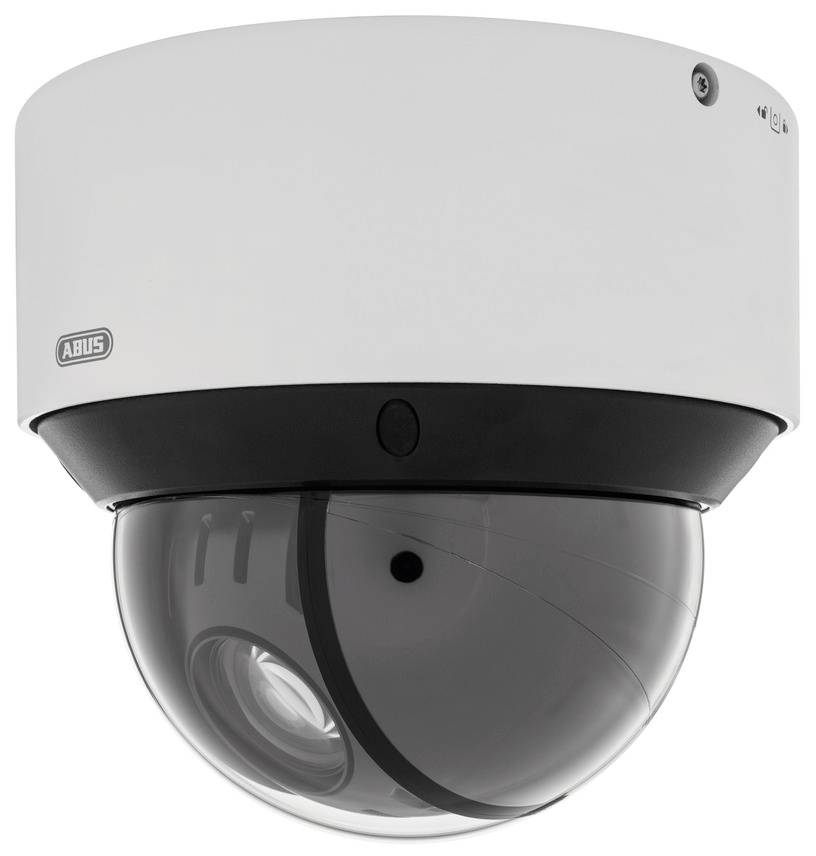 Kamera monitorująca w obudowie w kształcie kuli, białej i czarnej, z widocznym obiektywem od spodu.