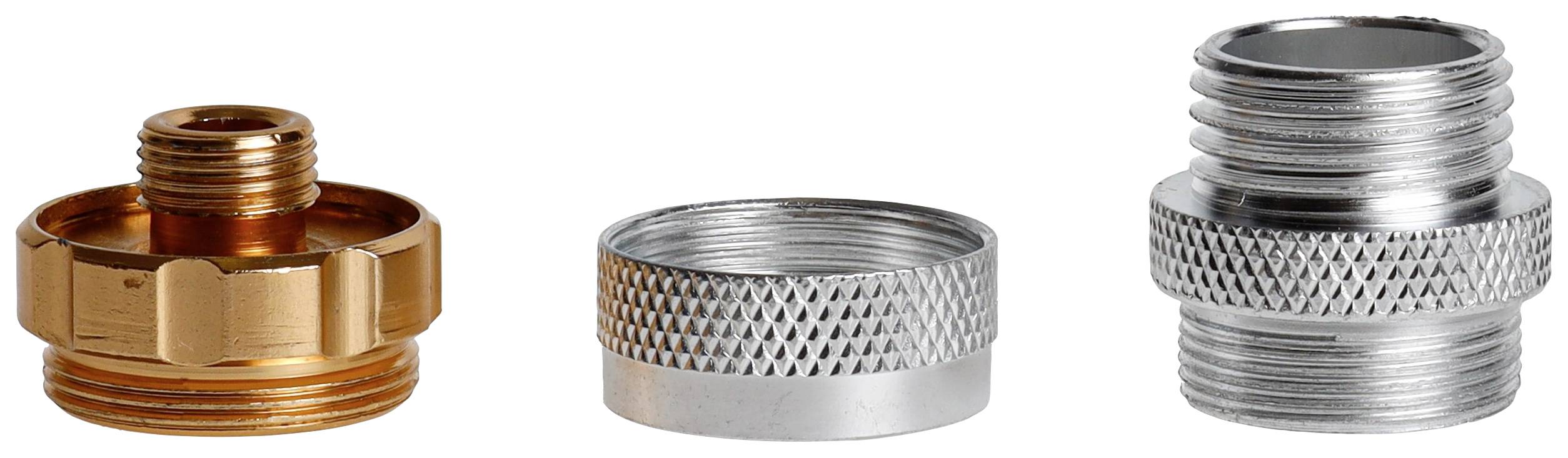 Trzy metalowe adaptery z gwintem; jeden w kolorze miedzianym, dwa w kolorze srebrnym. Stosowane do połączeń rur lub węży.