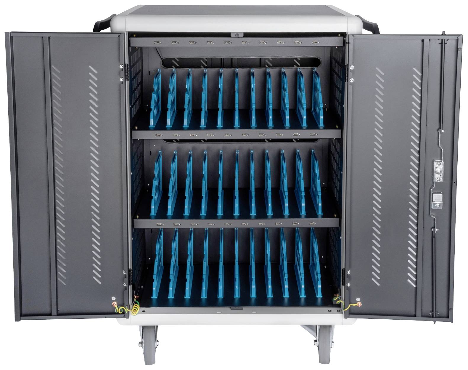 Otwarty szafkowy schowek z trzema półkami, wyposażony w niebieskie przegrody, które zapewniają miejsce dla wielu urządzeń.