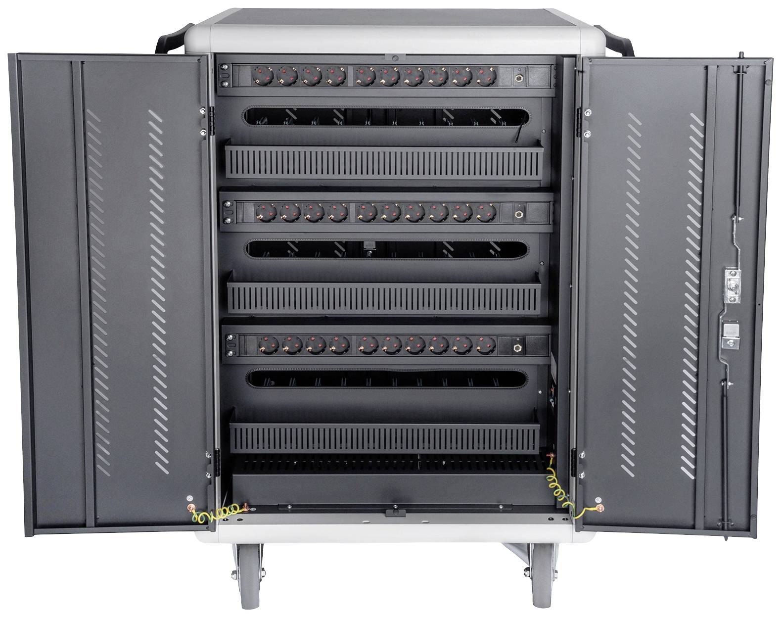 Otwarty serwer z wieloma modułami rack wypełnionymi elementami sprzętowymi, przeznaczony do zaawansowanego przetwarzania danych.