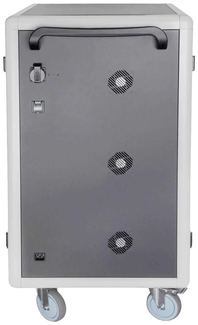 Srebrna, mobilna szafa ładująca z wentylowanymi drzwiami i zamkiem, przeznaczona do przechowywania i ładowania urządzeń elektronicznych.