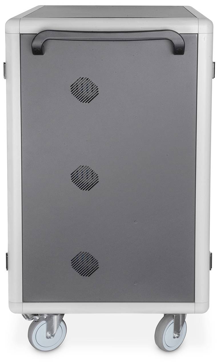 Mobilny wózek magazynowy z szarym frontem, trzema otworami wentylacyjnymi i kółkami umożliwiającymi łatwe przemieszczanie. Idealny do przechowywania.