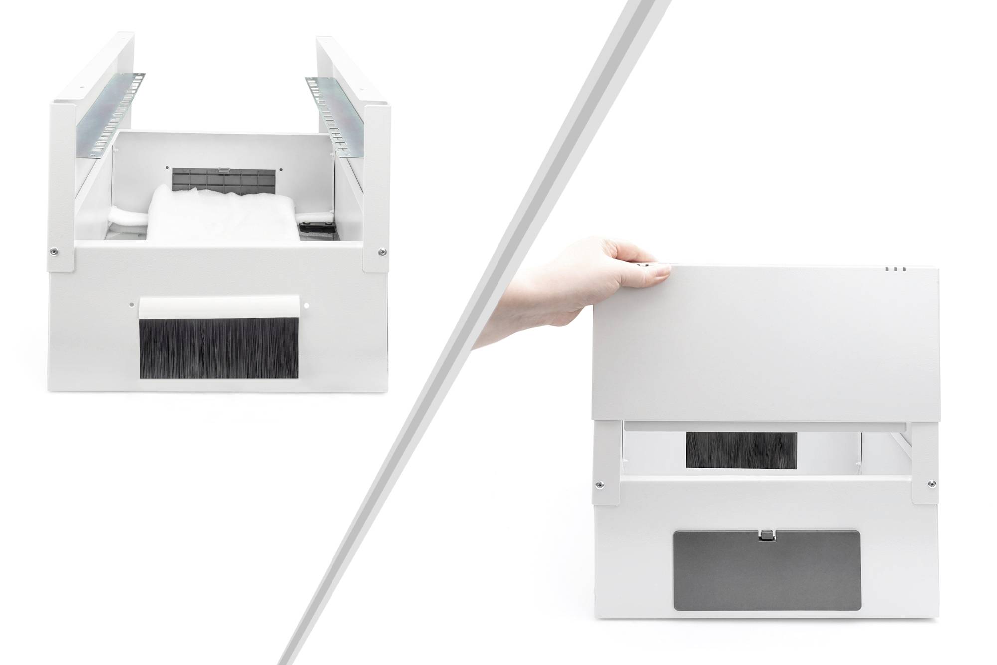 Maszyna w białym kolorze z pędzelkiem z przodu. Jedno zdjęcie przedstawia urządzenie z góry, drugie zaś pokazuje rękę unoszącą pokrywę.