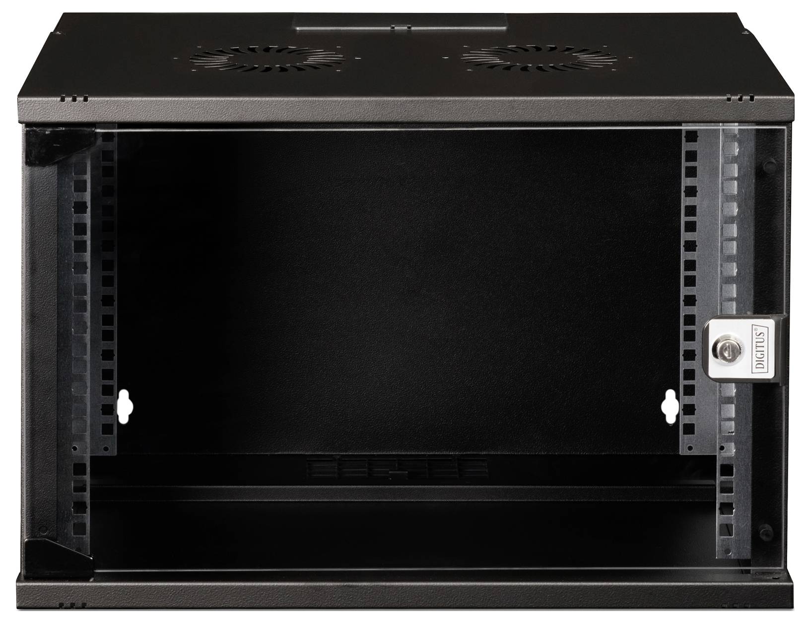 Czarna, pusta obudowa naścienna z otworami wentylacyjnymi u góry i zamkiem po prawej stronie. Idealna do bezpiecznego przechowywania urządzeń.