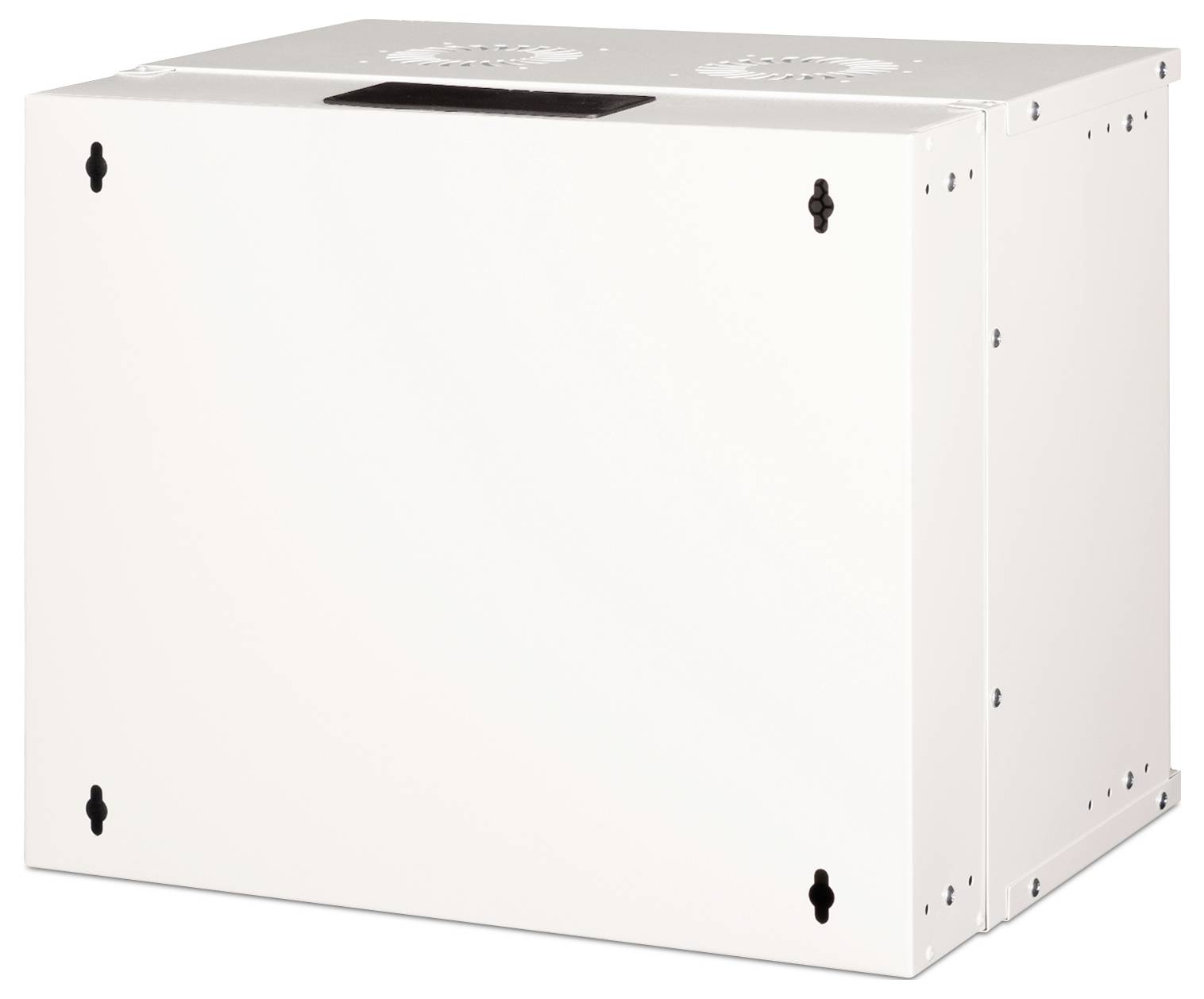 Biała, prostokątna metalowa skrzynka z otworami wentylacyjnymi u góry.