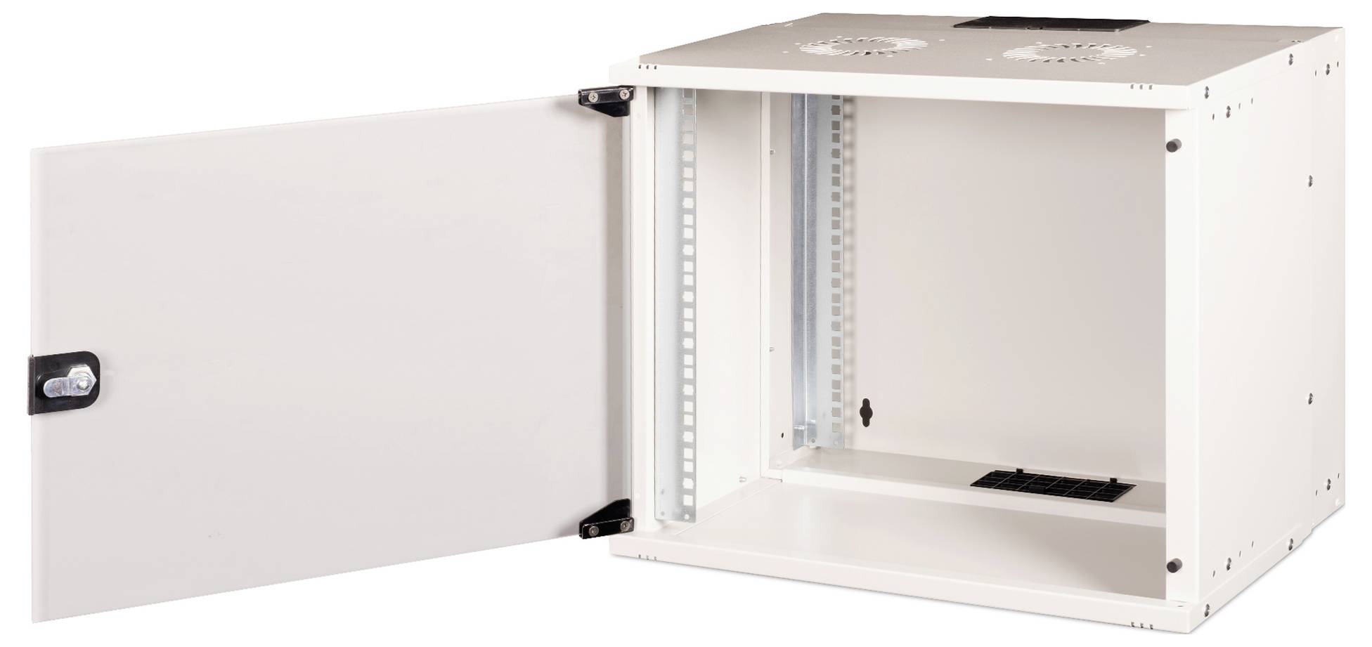 Biały szafa serwerowa z otwartymi drzwiami, ukazująca pusty wnętrze z zamontowanymi szynami bocznymi i otworami wentylacyjnymi u góry.