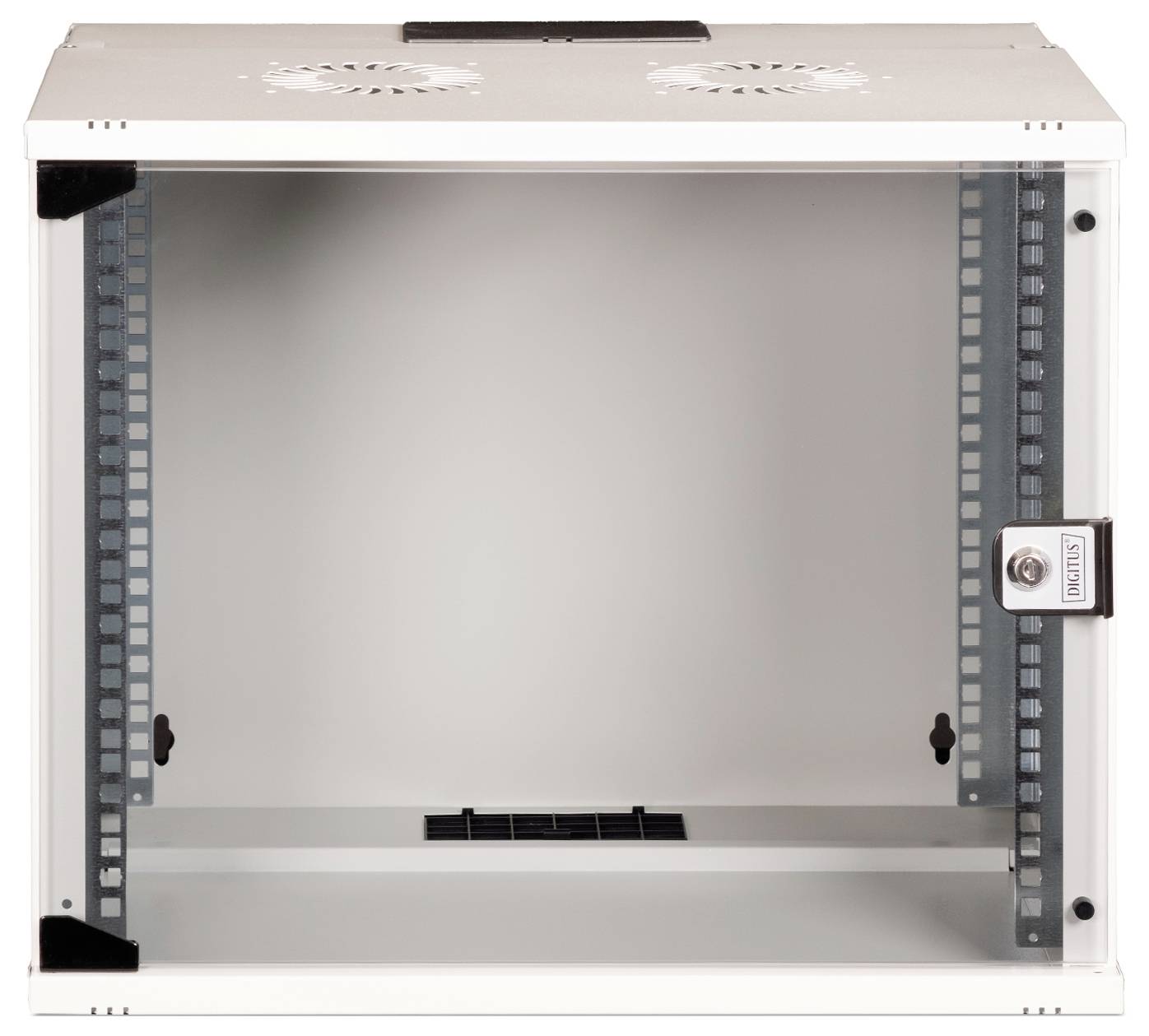 'Pusty rozdzielacz naścienny z drzwiczkami i zamkiem, odpowiedni do bezpiecznego przechowywania urządzeń IT i systemów sieciowych.'