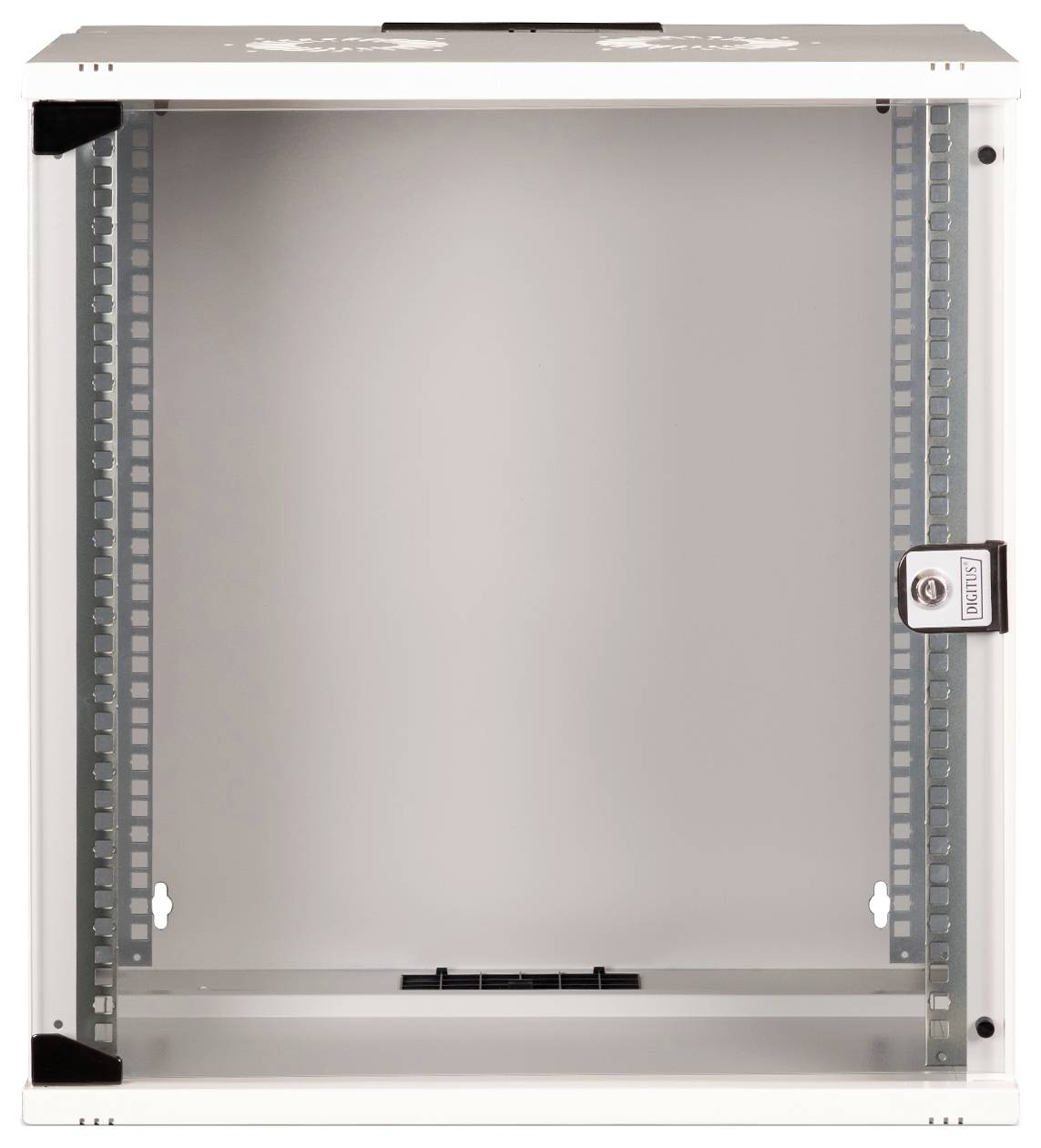 Pusty, otwarty szafa rack IT z otworami wentylacyjnymi i bezpiecznym mechanizmem zamykającym, przeznaczona do montażu urządzeń sieciowych.