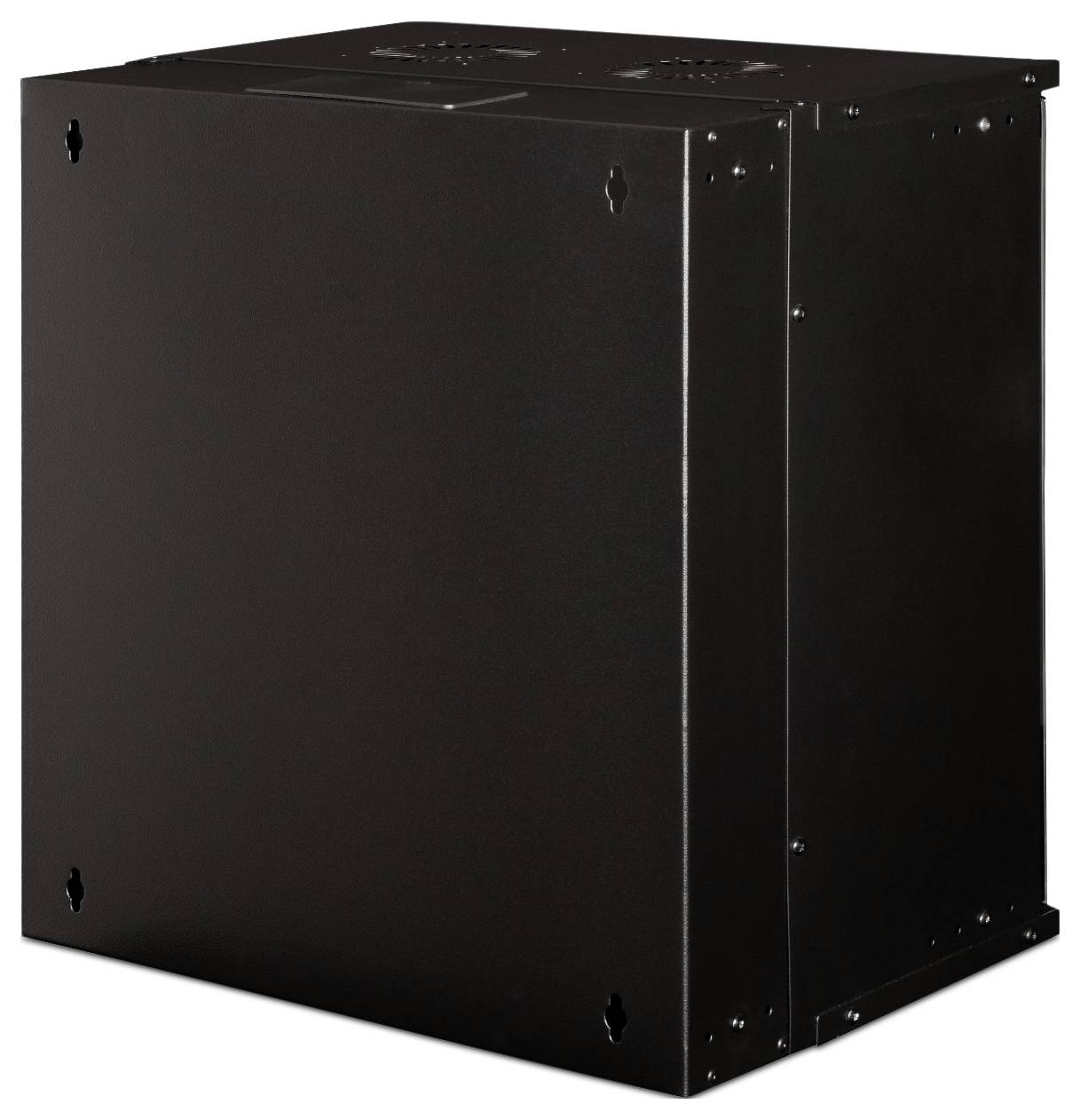 Czarna, sześcienna elektroniczna aparatura bez widocznych oznaczeń lub złączy, prawdopodobnie serwer lub wzmacniacz.