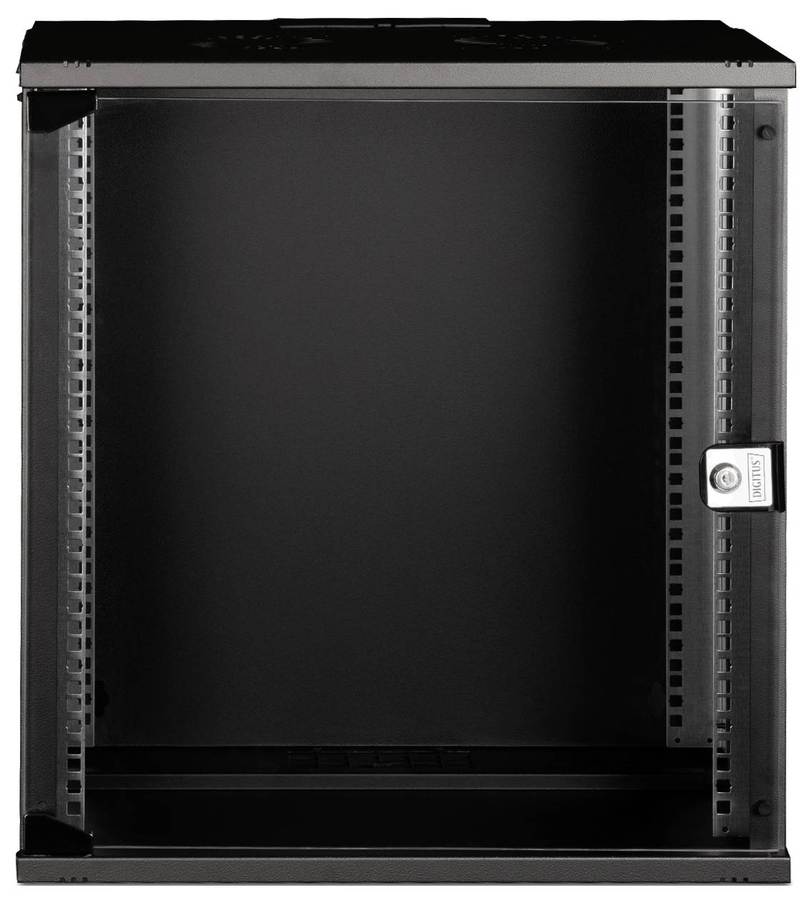 Pusty, czarny szafa serwerowa ze szklanymi drzwiami, przeznaczona do montażu urządzeń sieciowych w biurze lub centrum przetwarzania danych.