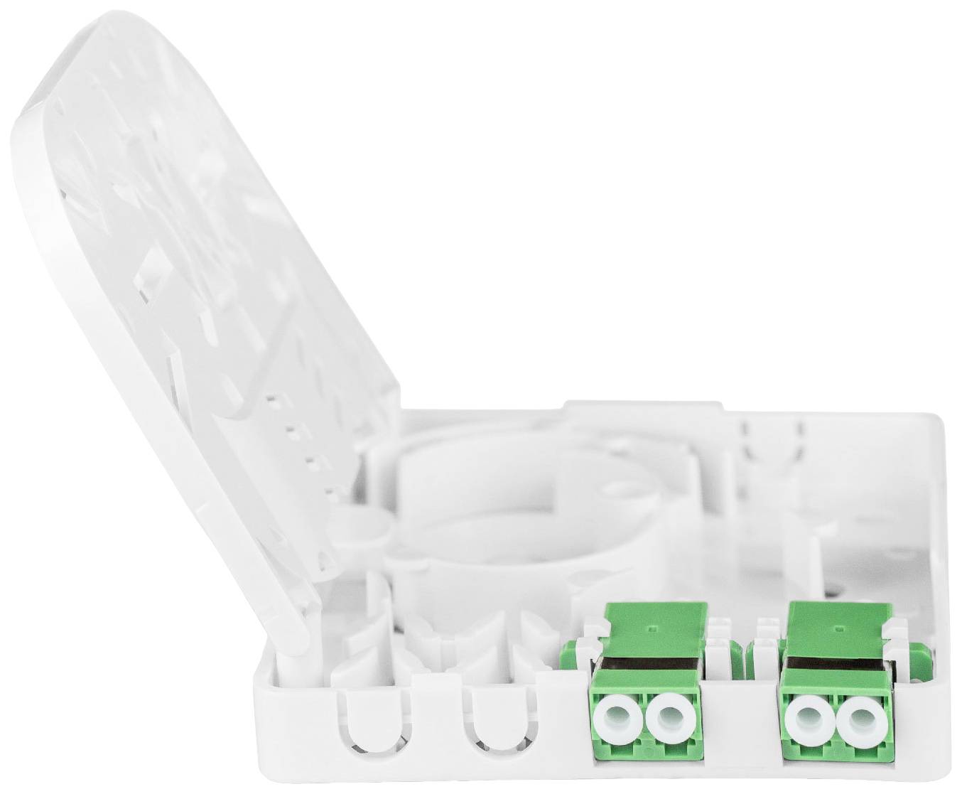 Biały rozdzielacz z otwartą pokrywą. Widoczne są dwa zielone złącza światłowodowe.